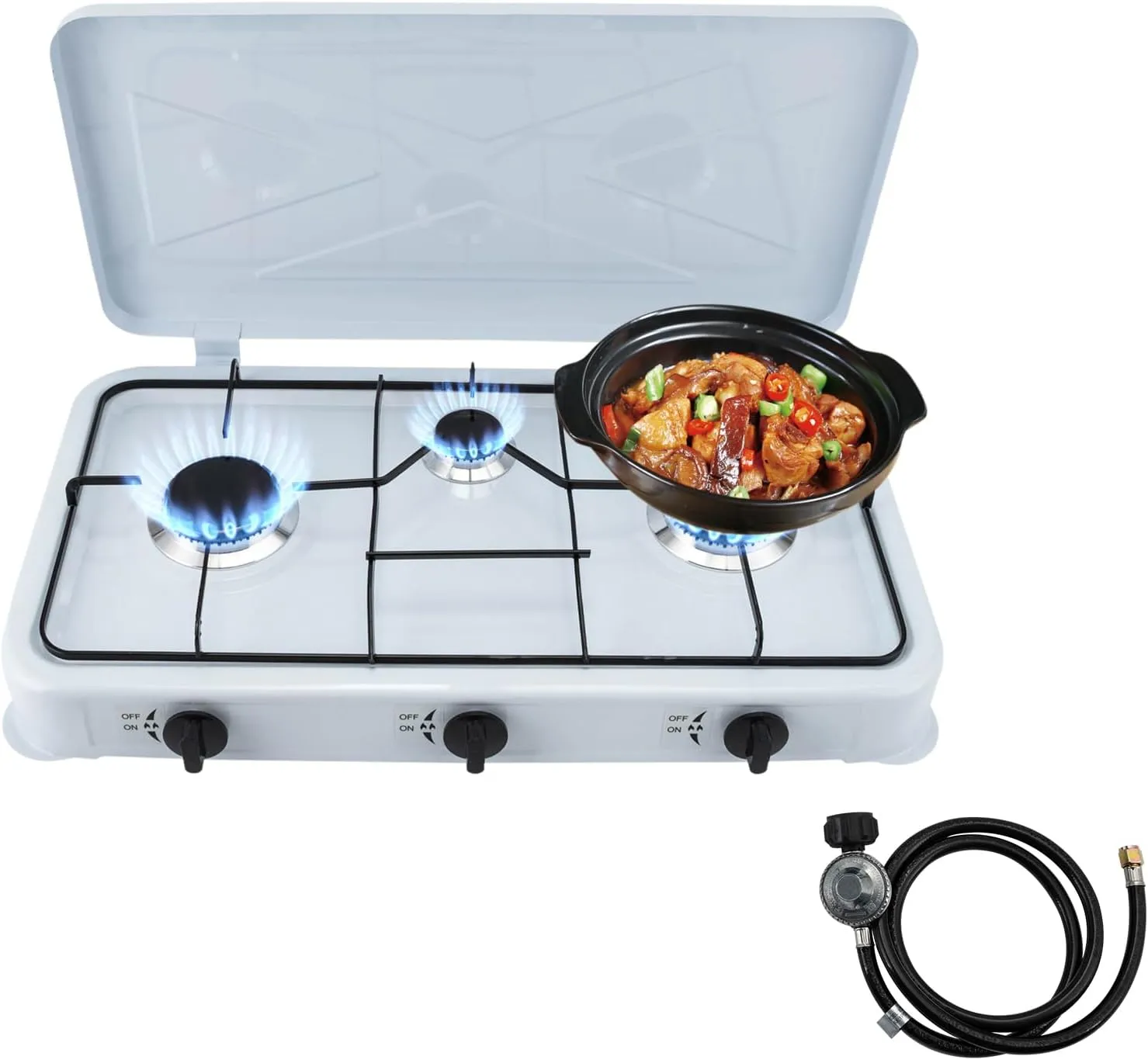 Outdoor Stove 3 Burner Gas Cooktop, Portable Propane Stove for Camping, Home & Restaurant Use, Heavy-Duty Cast Iron Stand, High Efficiency Flame – Includes Hose & Pressure Valve