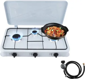 Outdoor Stove 3 Burner Gas Cooktop, Portable Propane Stove for Camping, Home & Restaurant Use, Heavy-Duty Cast Iron Stand, High Efficiency Flame – Includes Hose & Pressure Valve