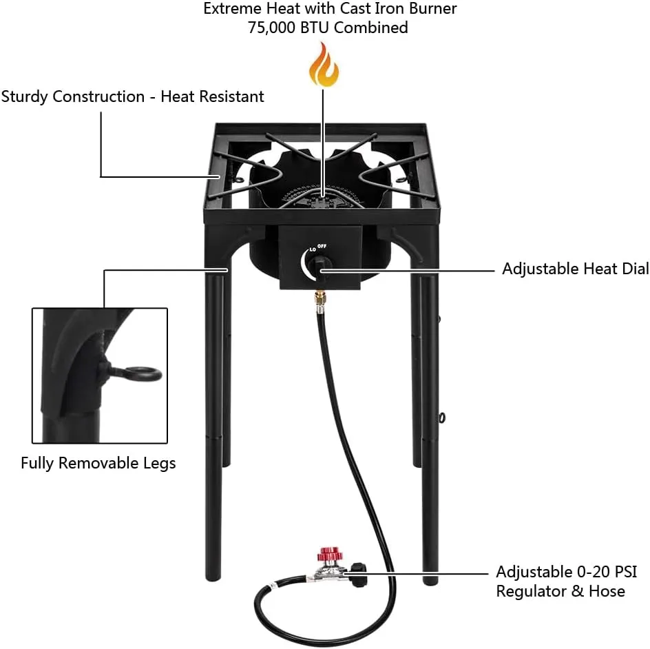 Outdoor Stove Portable Propane Burner Gas Cooker - High Pressure Iron Cast Patio Burner with Detachable Legs,Burner Propane Stove for Backyard Cooking BBQ Baking Frying (1-Burner 100,000-BTU)