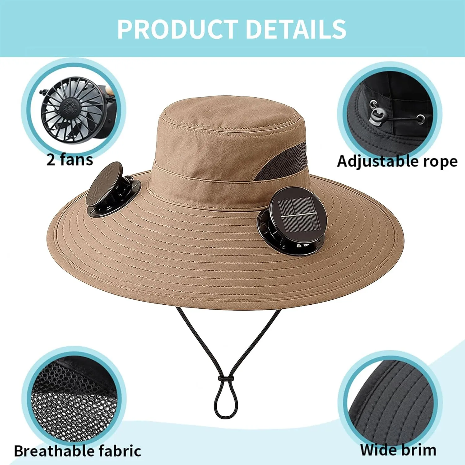 Outdoor Ultralight Wide Brim Solar Fan Hat, Built-in Solar Power Panel & USB Charging Fishing Hats