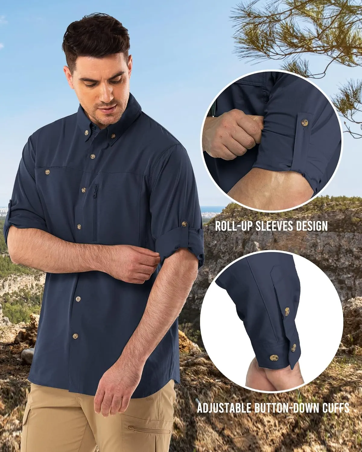 Outdoor Ventures Men's Long Sleeve Hiking Shirt UPF 50 UV Sun Protection Shirt Cooling Quick Dry for Travel Fishing Safari