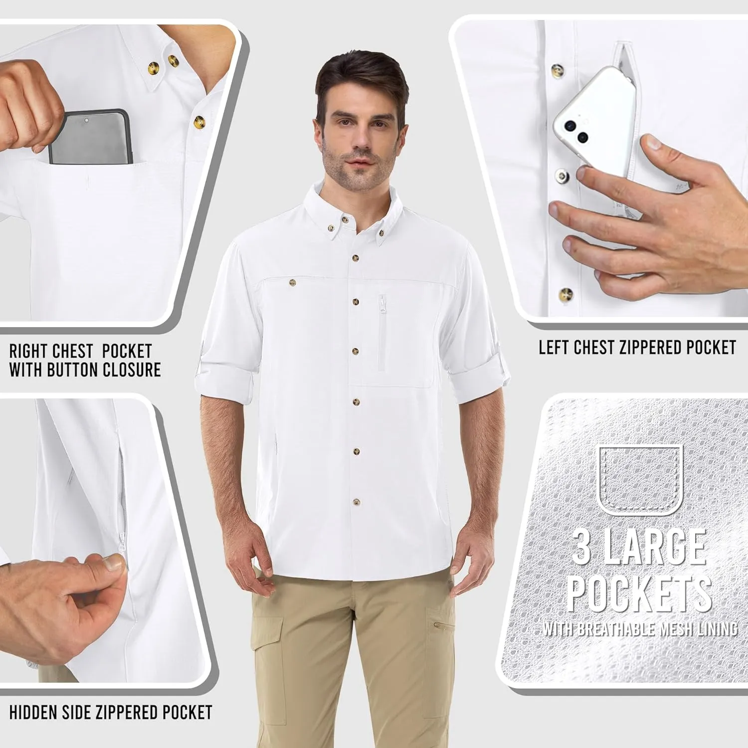 Outdoor Ventures Men's Long Sleeve Hiking Shirt UPF 50 UV Sun Protection Shirt Cooling Quick Dry for Travel Fishing Safari