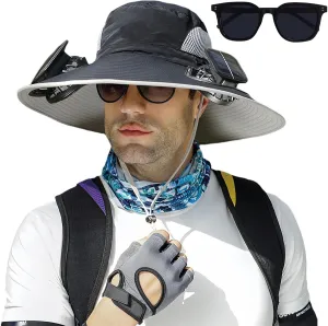 Outdoor Wide Brim Sun Hat with 2 Solar Fan Fishing Hat for Men&Women,Outdoor Waterproof Upf0 Sun Hat with Sunglasses