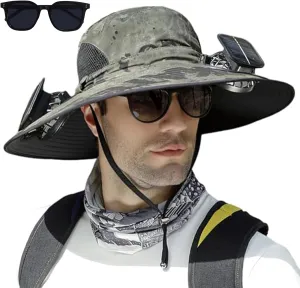 Outdoor Wide Brim Sun Hat with 2 Solar Fan Fishing Hat for Men&Women,Outdoor Waterproof Upf0 Sun Hat with Sunglasses