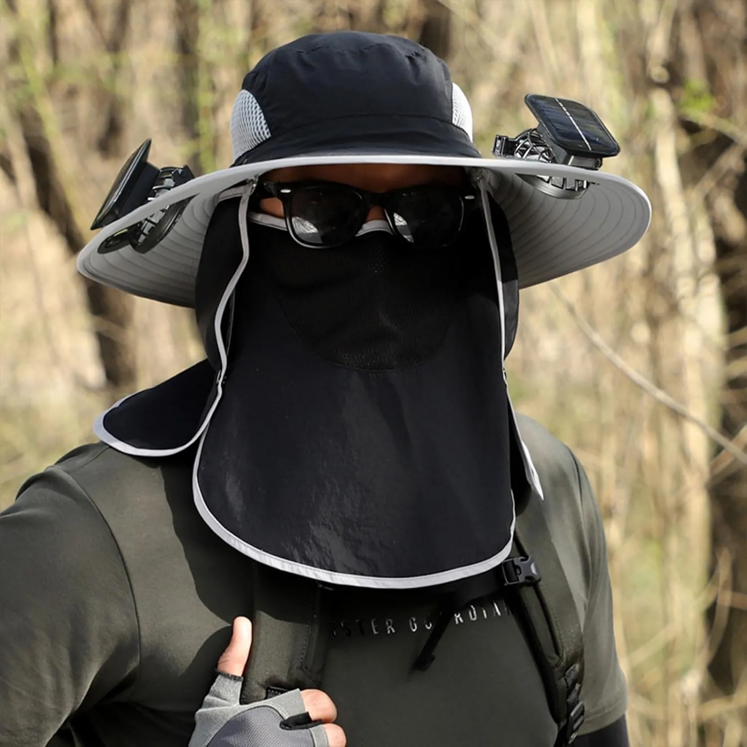 Outdoor Wide Brim Sun Hat with 2 Solar Fan Fishing Hat for Men&Women,Outdoor Waterproof Upf0 Sun Hat with Sunglasses