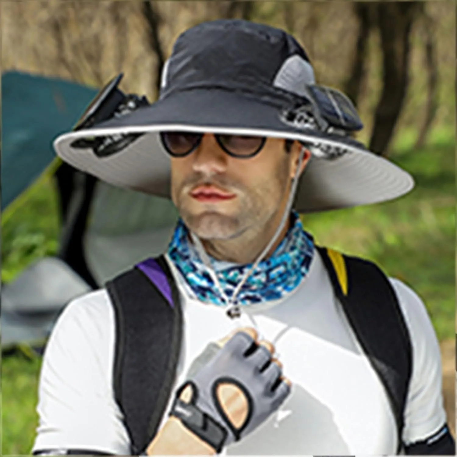 Outdoor Wide Brim Sun Hat with 2 Solar Fan Fishing Hat for Men&Women,Outdoor Waterproof Upf0 Sun Hat with Sunglasses