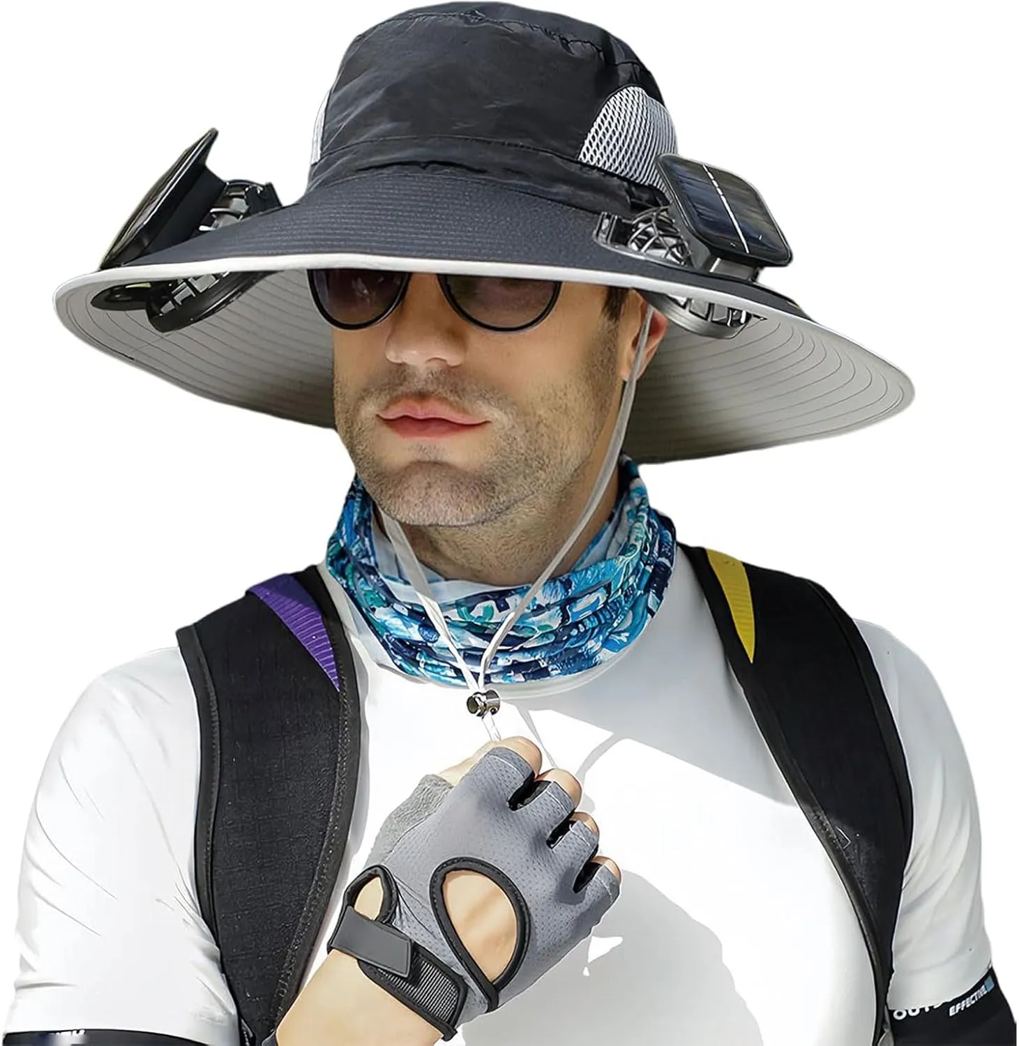 Outdoor Wide Brim Sun Hat with 2 Solar Fan Fishing Hat for Men&Women,Outdoor Waterproof Upf0 Sun Hat with Sunglasses