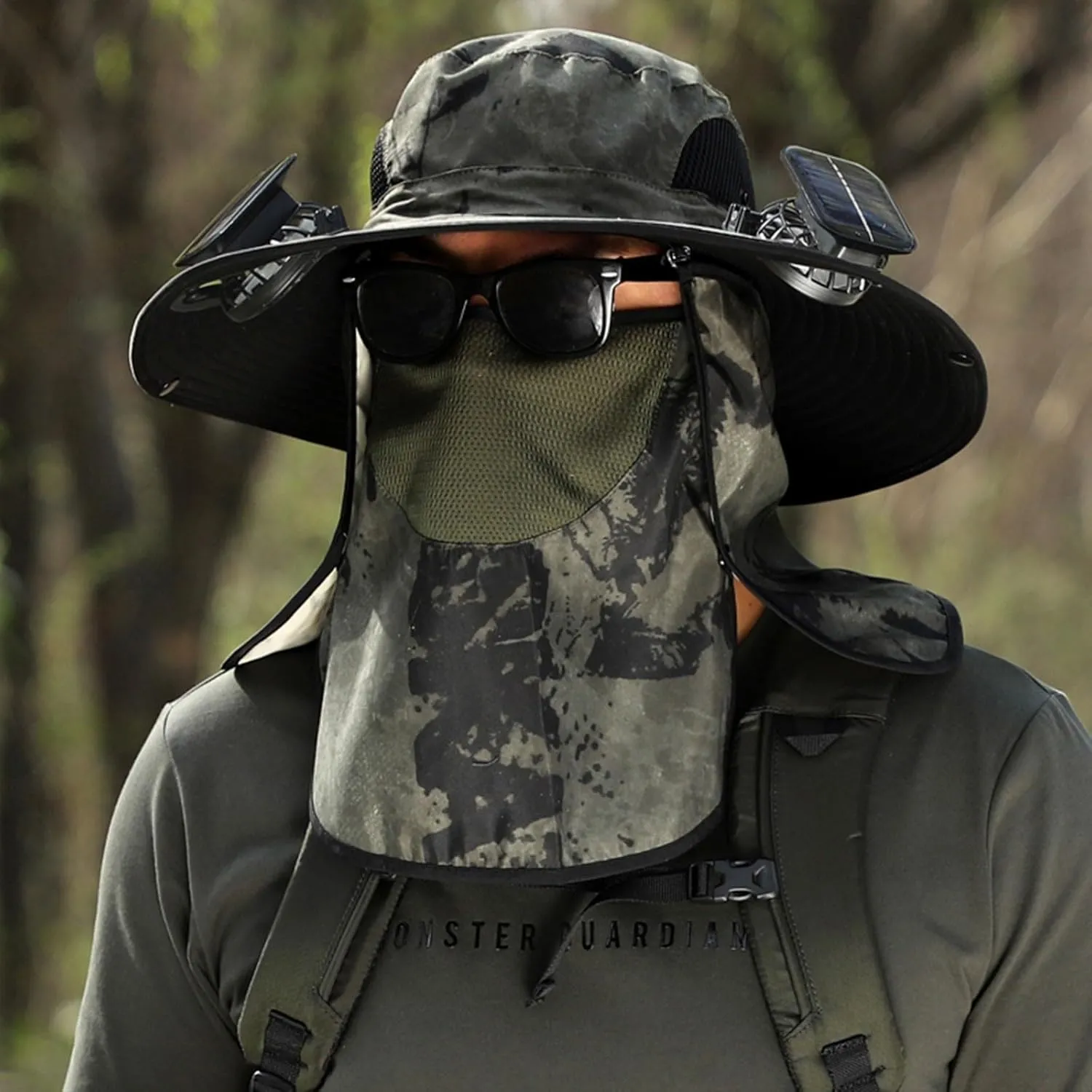 Outdoor Wide Brim Sun Hat with 2 Solar Fan Fishing Hat for Men&Women,Outdoor Waterproof Upf0 Sun Hat with Sunglasses