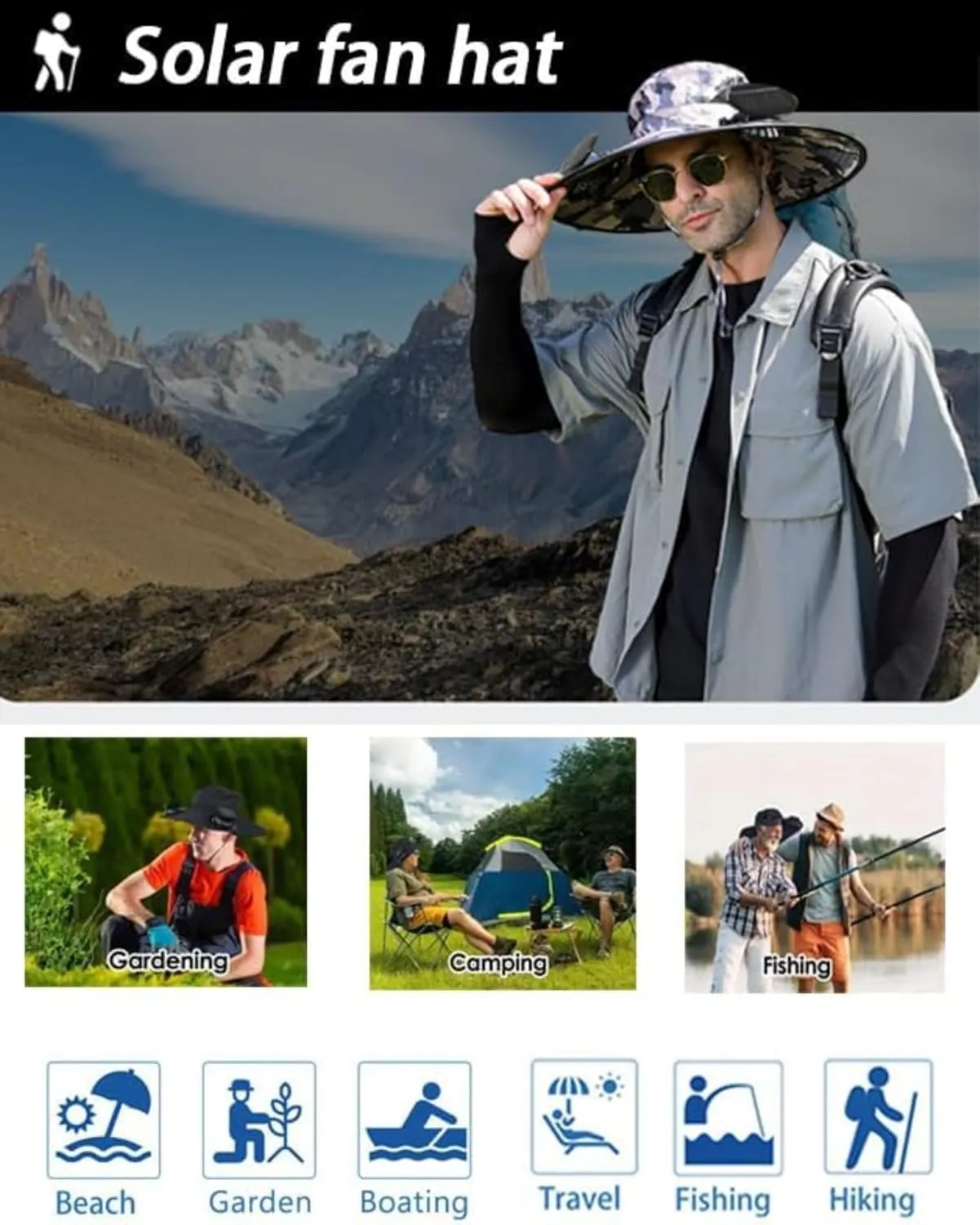 Outdoor Wide Brim Sun Hat with 2 Solar Fan Sun Bucket Hat for Men Women Bucket Fishing Beach Hat with Fan Built in