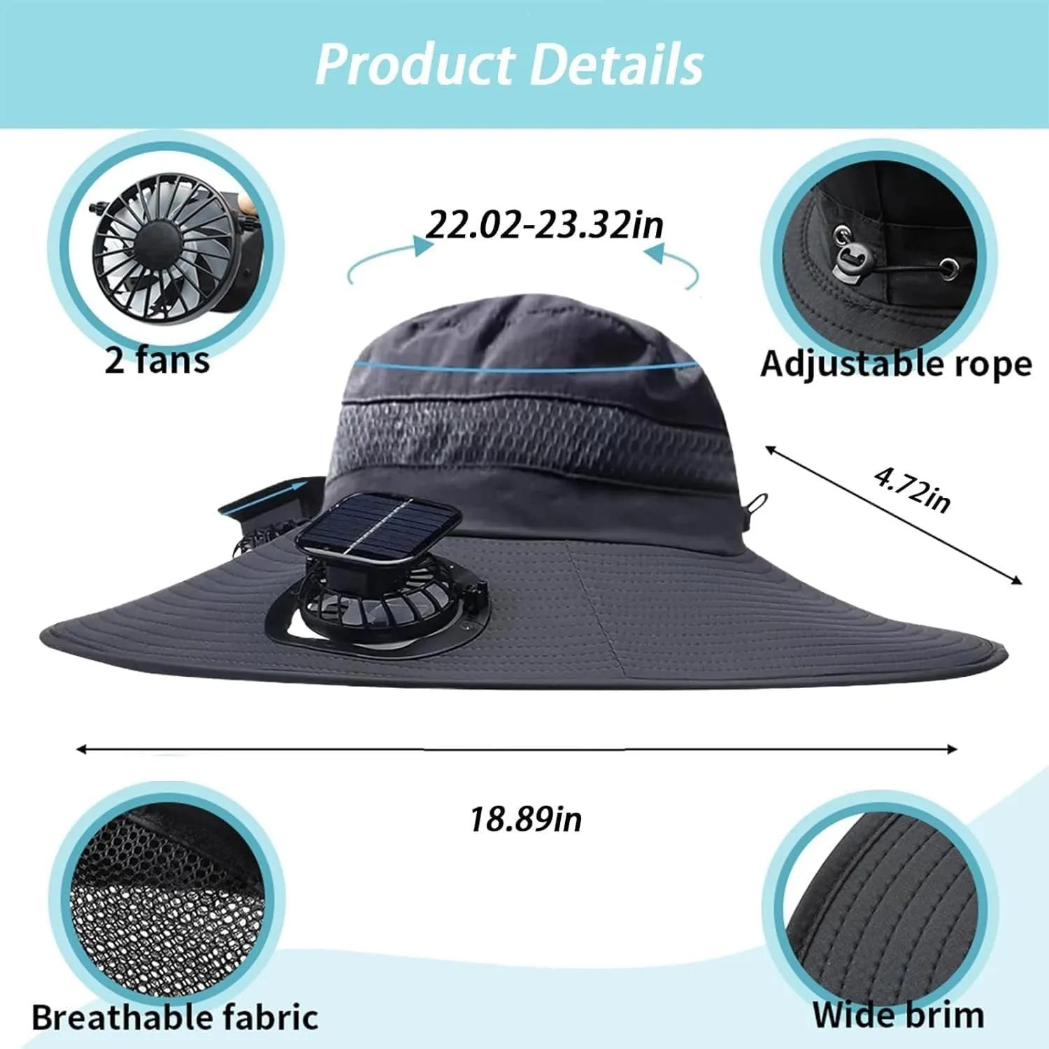 Outdoor Wide Brim Sun Hat with 2 Solar Fan Sun Bucket Hat for Men Women Bucket Fishing Beach Hat with Fan Built in