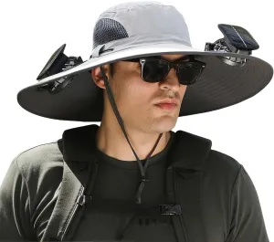 Outdoor Wide Brim Sun Hat with 2 Solar Fan Sun Bucket Hat for Men Women UPF 50  Bucket Fishing & Beach Hat with Fan Built in