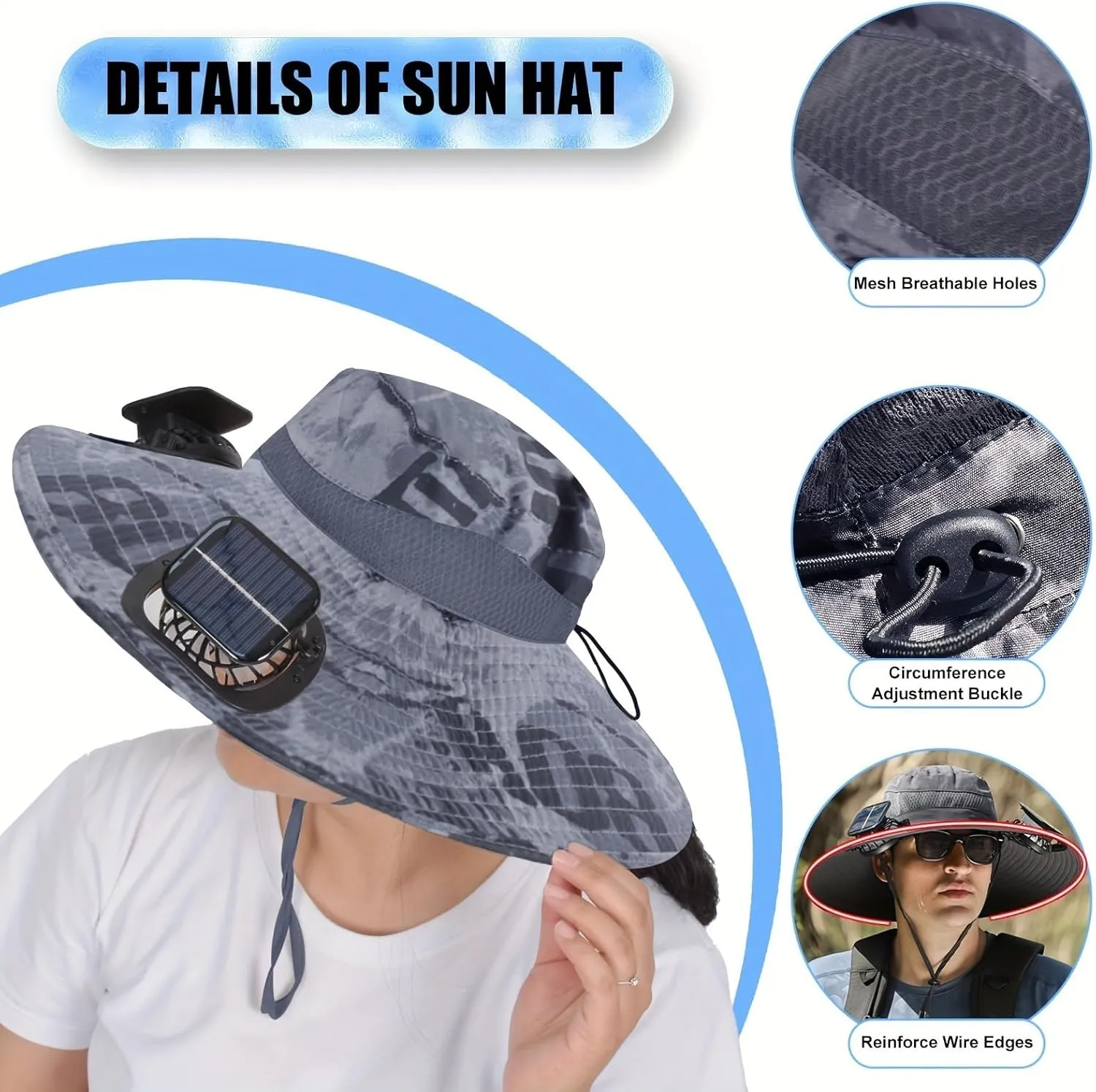 Outdoor Wide Brim Sun Hat with 2 Solar Fan Sun Bucket Hat for Men Women UPF 50  Bucket Fishing & Beach Hat with Fan Built in