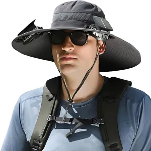 Outdoor Wide Brim Sun Hat with 2 Solar Fan Sun Bucket Hat for Men Women UPF 50  Bucket Fishing & Beach Hat with Fan Built in