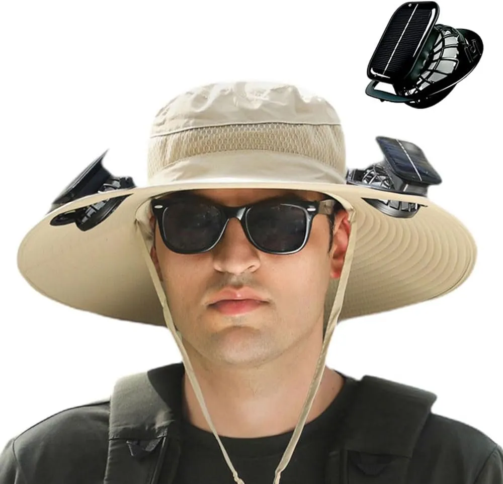 Outdoor Wide Brim Sun Hat with Solar Fan, 2025 New Ultralight Solar Powered Fan Sun Hat with 2 Solar Fan for Work Fishing