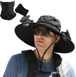 Outdoor Wide Brim Sun Hat with Solar Fan, Hat with Solar Powered Fan Hat Outdoor Fishing Hat-Solar & USB Charging
