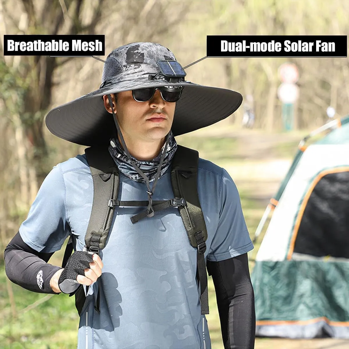 Outdoor Wide Brim Sun Hat with Solar Fan, Solar Powered Fan Hat, Fishing Hat for Men Women UPF 50  Breathable