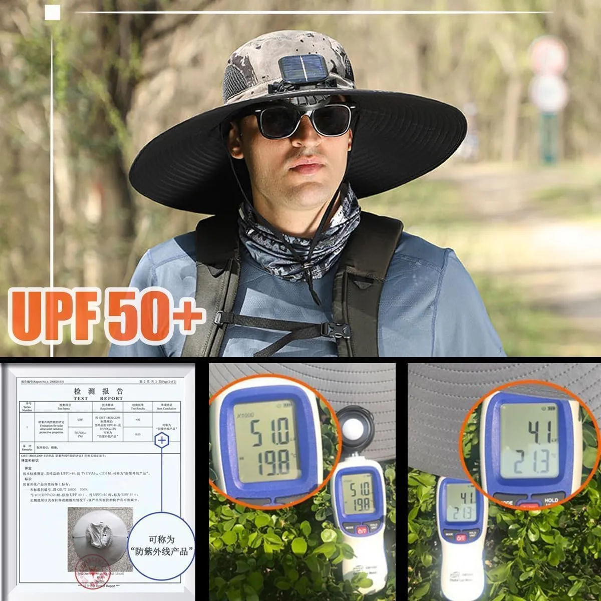 Outdoor Wide Brim Sun Hat with Solar Fan, Solar Powered Fan Hat, Fishing Hat for Men Women UPF 50  Breathable