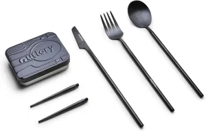 Outlery Portable and Reusable Stainless Steel Silverware Set with Collapsible Chopsticks - Compact Pocket-Sized Travel Cutlery Set for Camping, Backpacking, Day Trips - Durable Travel Utensils (Black)