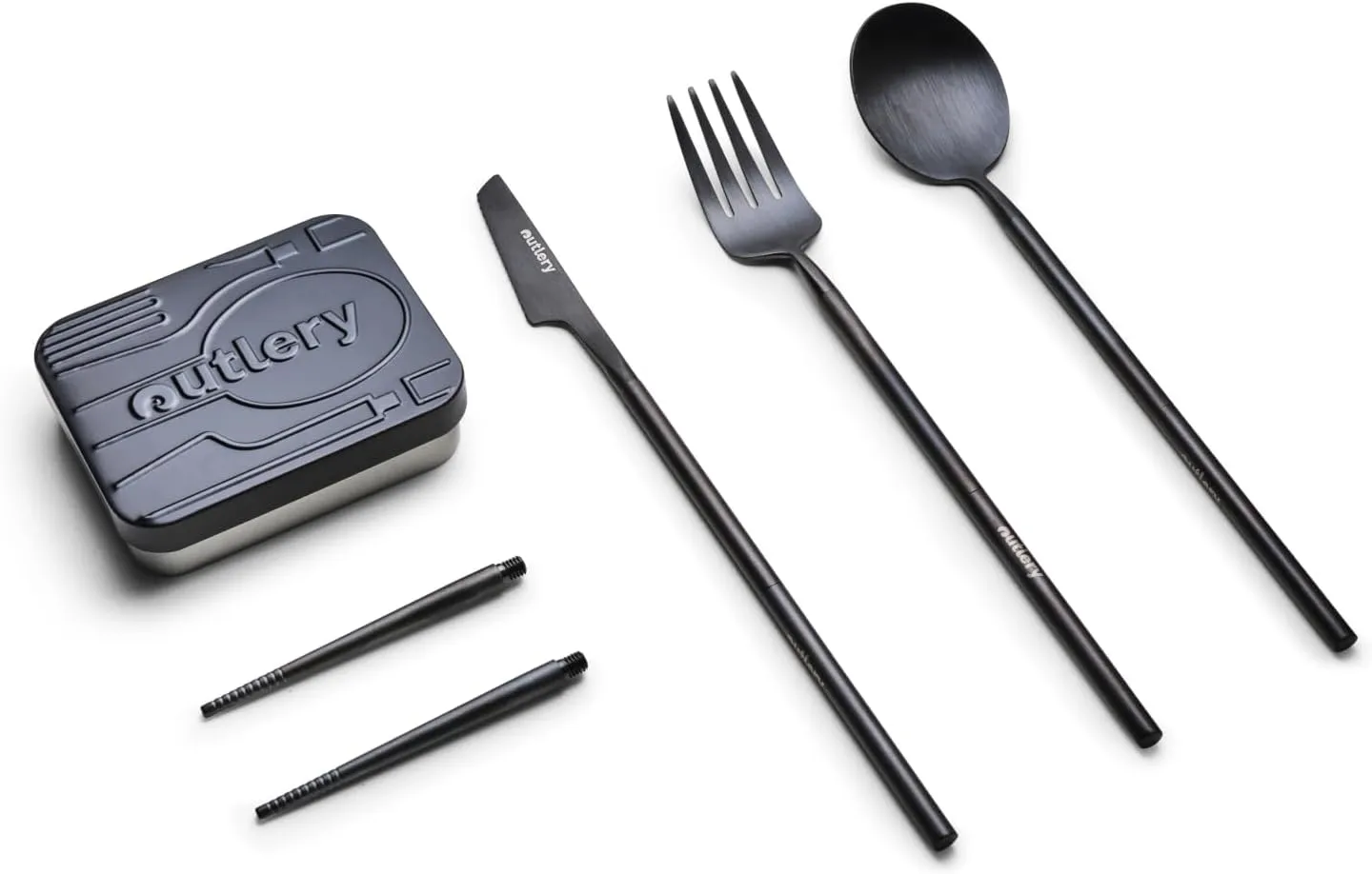 Outlery Portable and Reusable Stainless Steel Silverware Set with Collapsible Chopsticks - Compact Pocket-Sized Travel Cutlery Set for Camping, Backpacking, Day Trips - Durable Travel Utensils (Black)