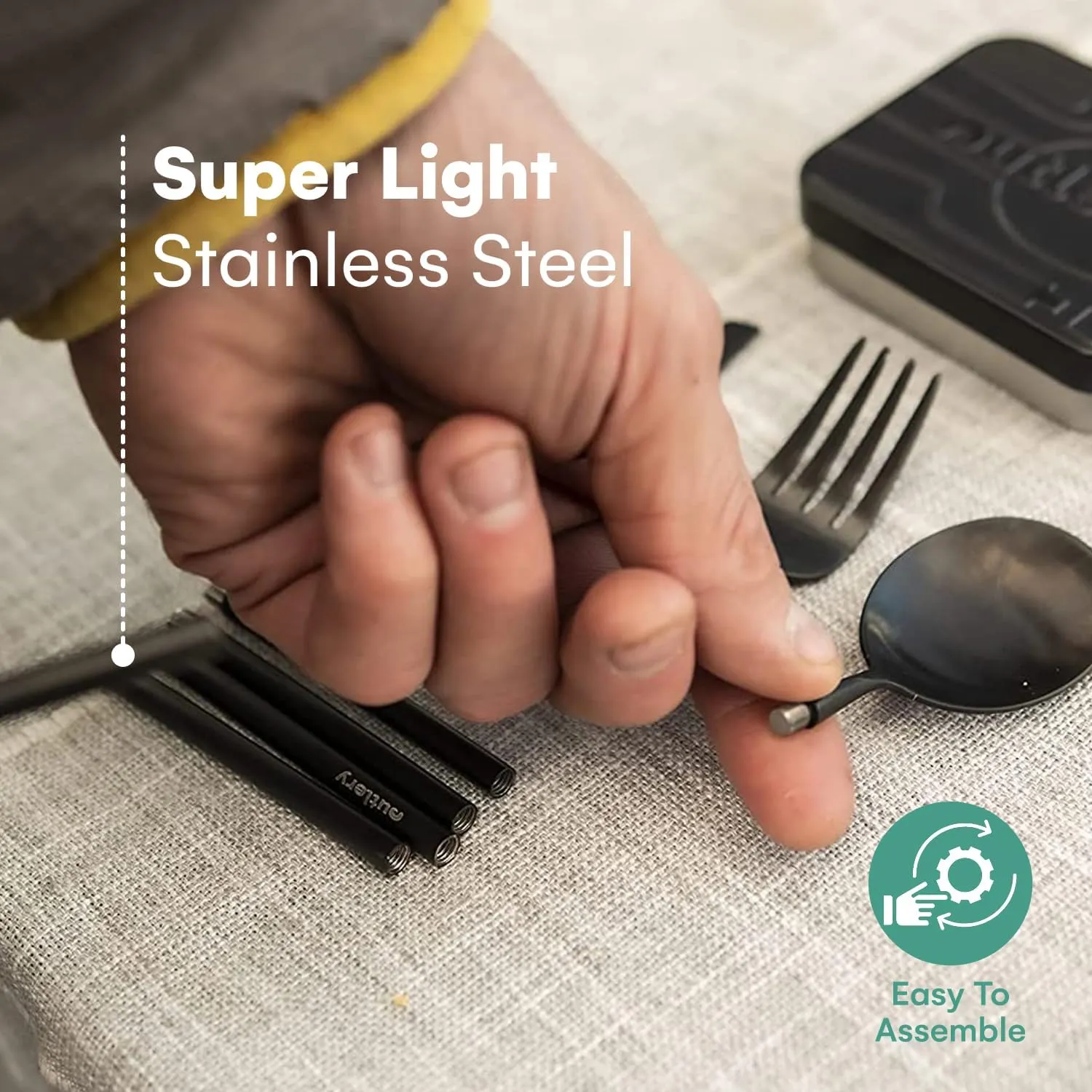 Outlery Portable and Reusable Stainless Steel Silverware Set with Collapsible Chopsticks - Compact Pocket-Sized Travel Cutlery Set for Camping, Backpacking, Day Trips - Durable Travel Utensils (Black)