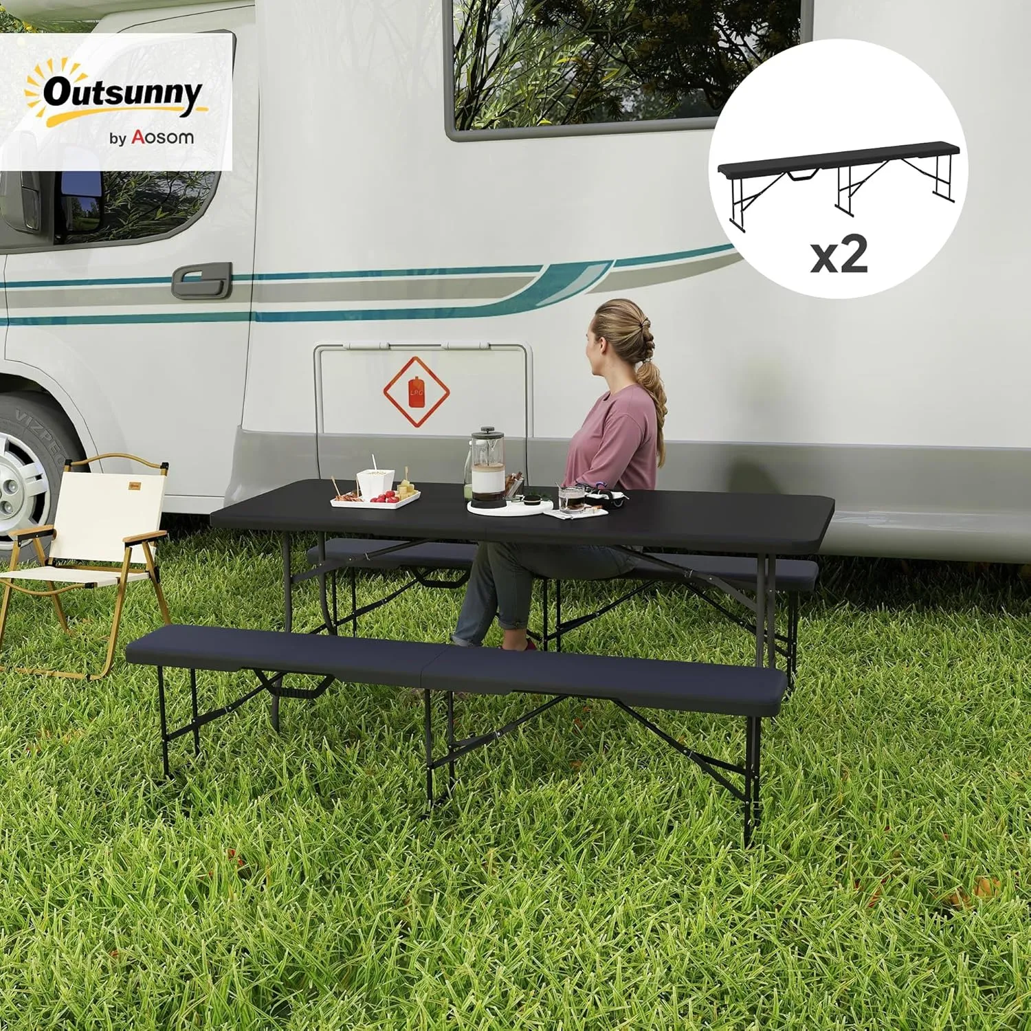 Outsunny 2-Pack 6 Ft. Plastic Folding Benches, Portable Foldable Bench Seats with Carrying Handle, Non-Slip Mat, HDPE Tabletop, Picnic Benches for Camping Dining Picnic BBQ Sports, Black