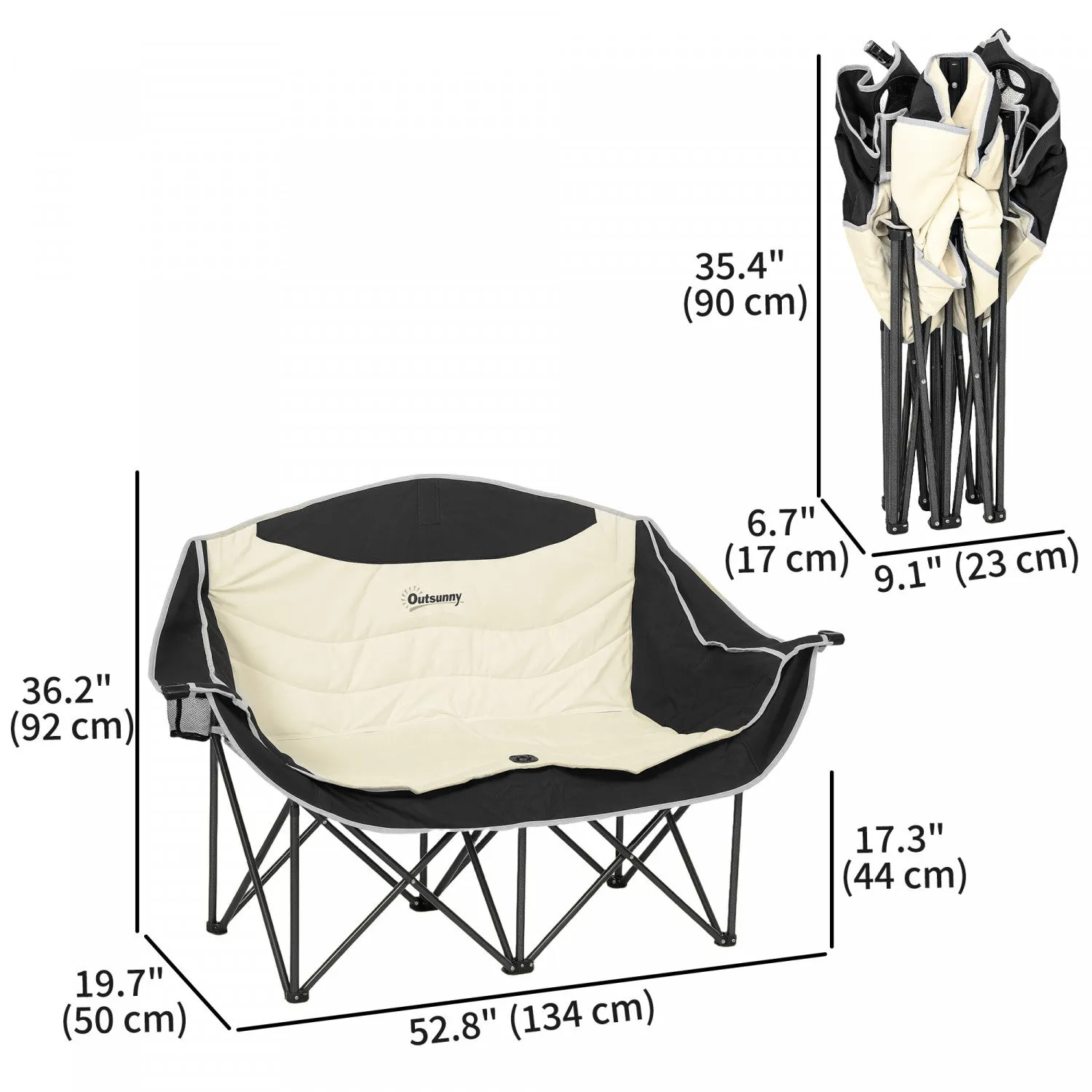 Outsunny Double Camping Chair, Padded Camp Chair W/ Cup Holders, Khaki