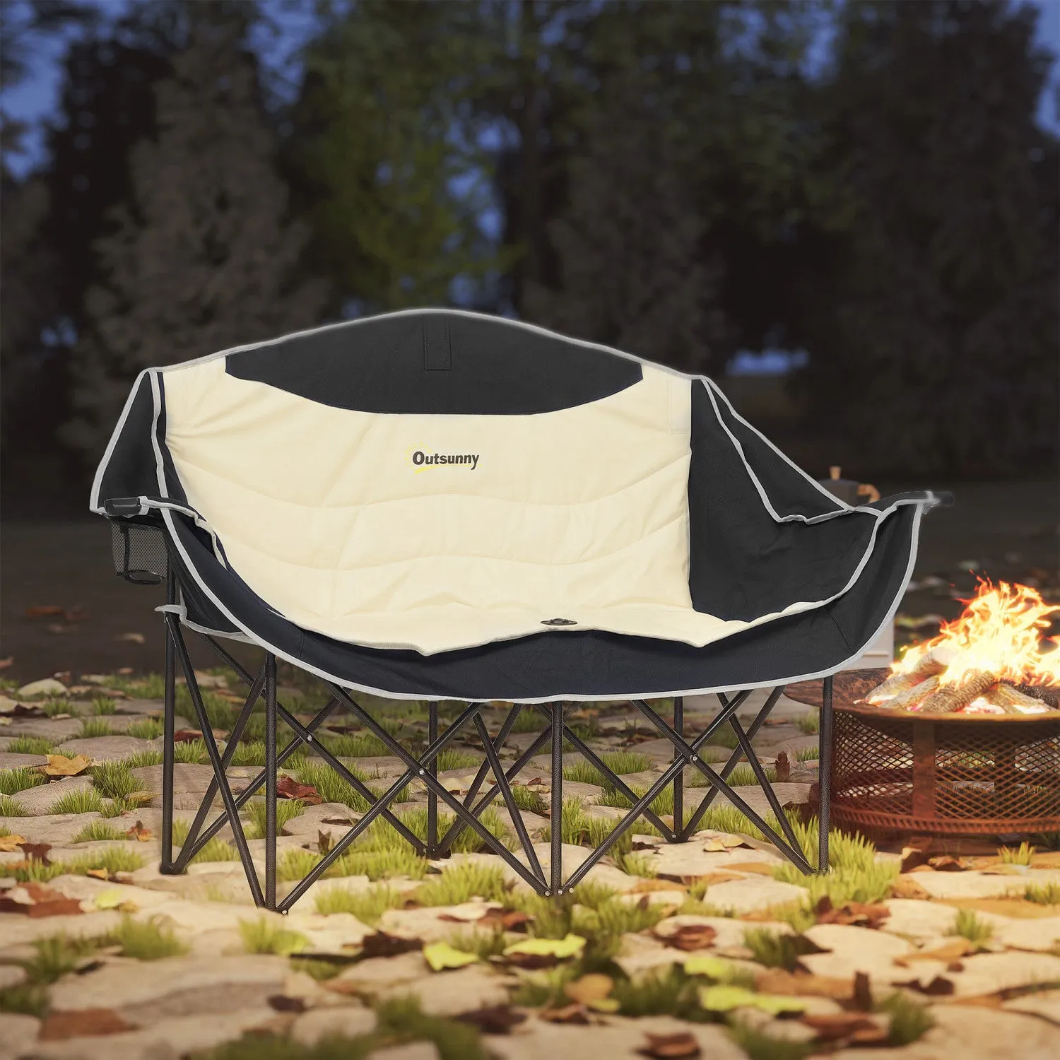 Outsunny Double Camping Chair, Padded Camp Chair W/ Cup Holders, Khaki