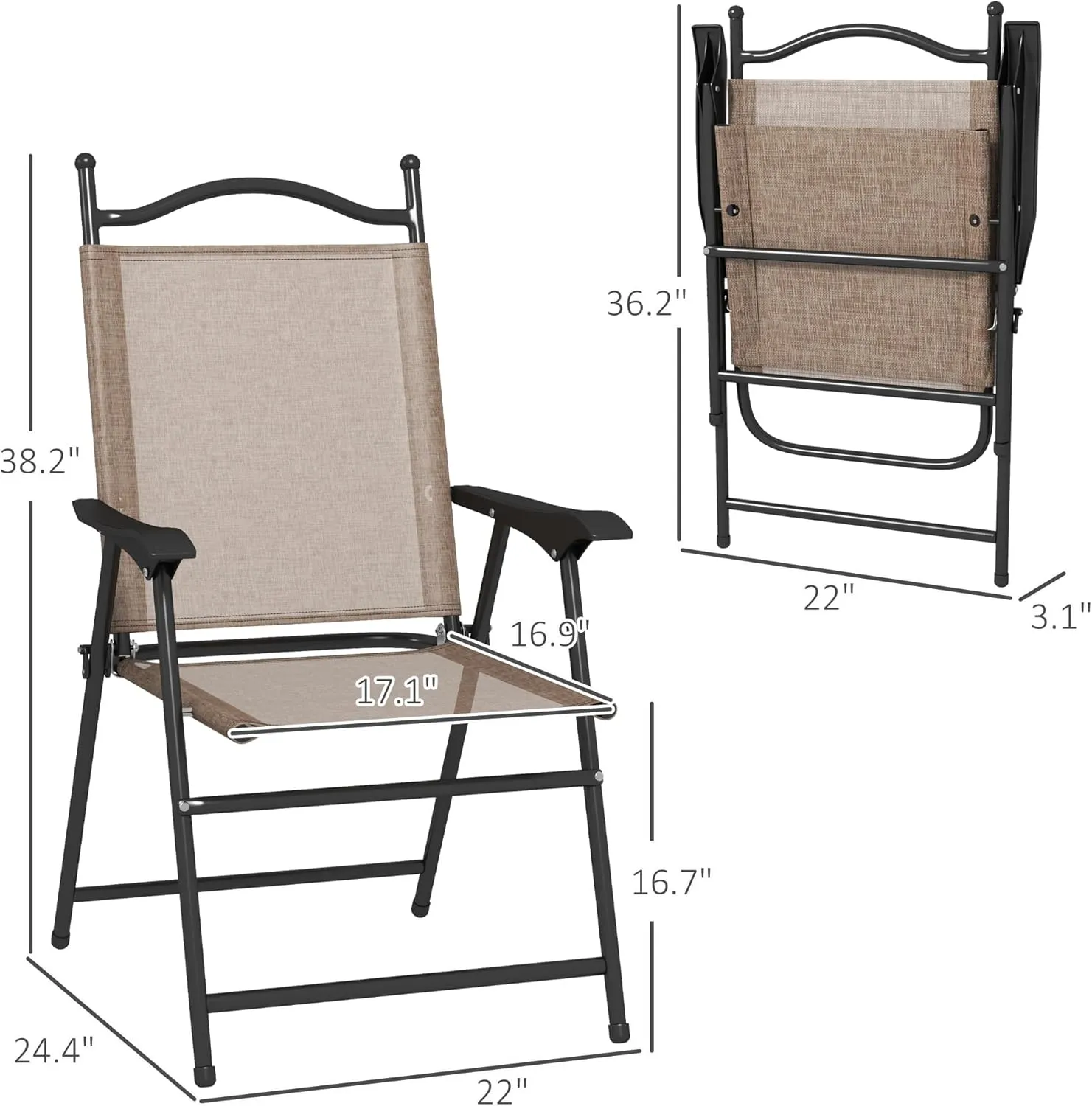 Outsunny Folding Patio Chairs, Set of 4 Sports Chairs for Adults, Camping Chairs with Armrests, Breathable Mesh Fabric Seat for Lawn, Brown