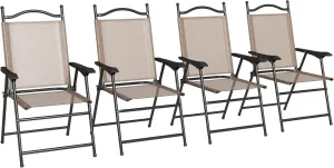 Outsunny Folding Patio Chairs, Set of 4 Sports Chairs for Adults, Camping Chairs with Armrests, Breathable Mesh Fabric Seat for Lawn, Brown
