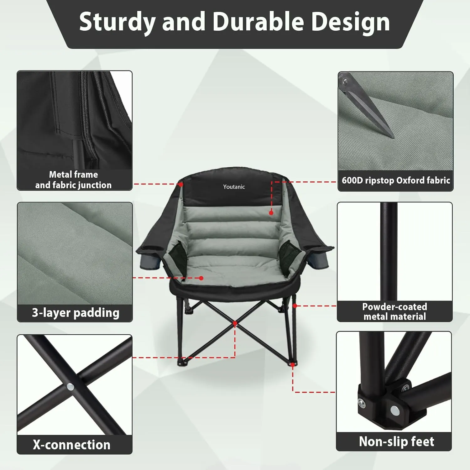 Oversized Camping Chair, Portable Folding Camping Chairs with Side Pocket, Cup Holder and Carry Bag, Heavy Duty Outdoor Camping Chairs for Adults, Fishing, Sports, Trip, up to 400lbs, Style 4