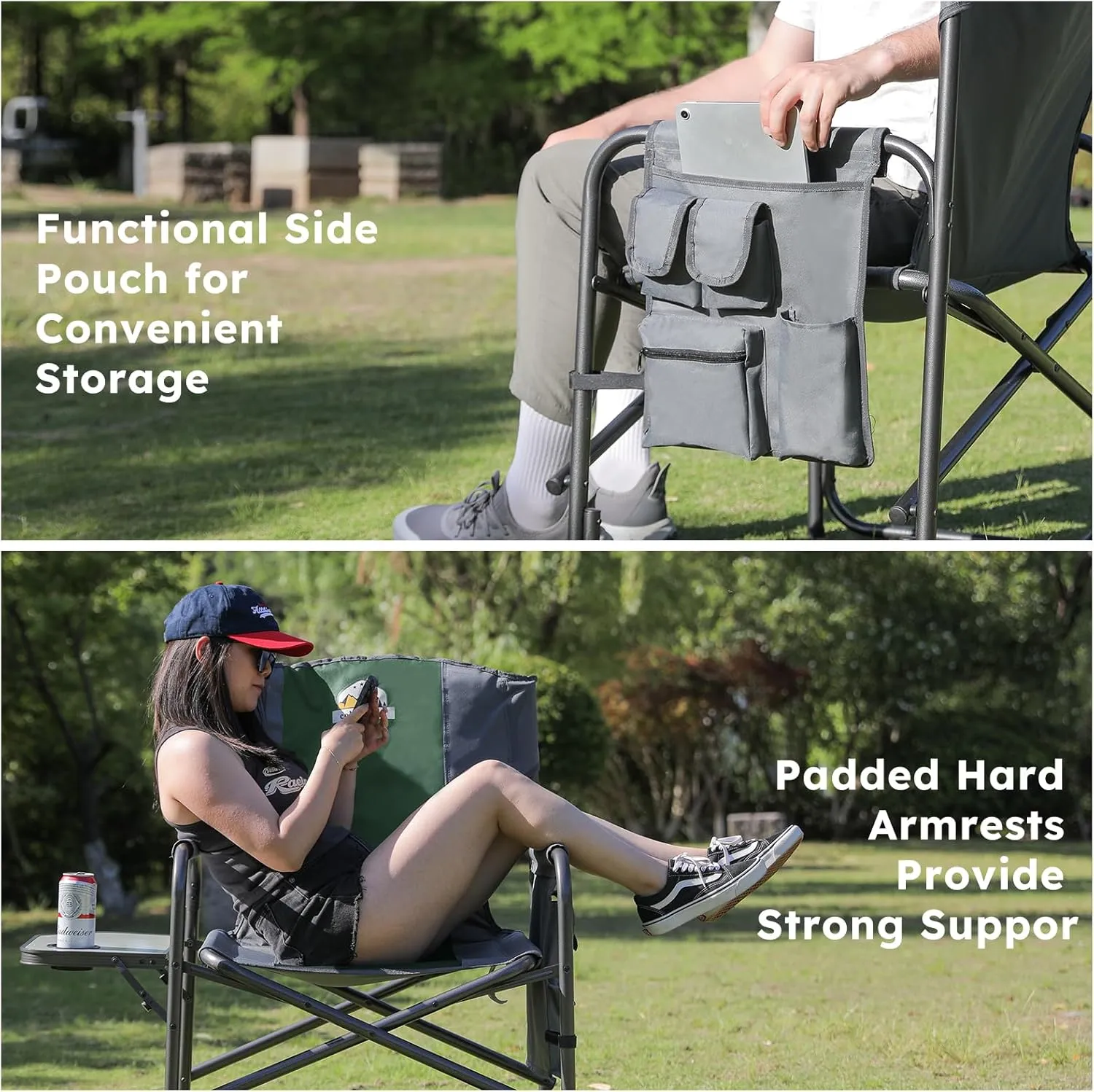Oversized Directors Camping Chair Set of 2 Support 600 LBS, Heavy Duty Folding Outdoor Chairs with Detachable Side Pocket and Adjustable Side Table for Outside Beach,Lawn,Fishing (Green)