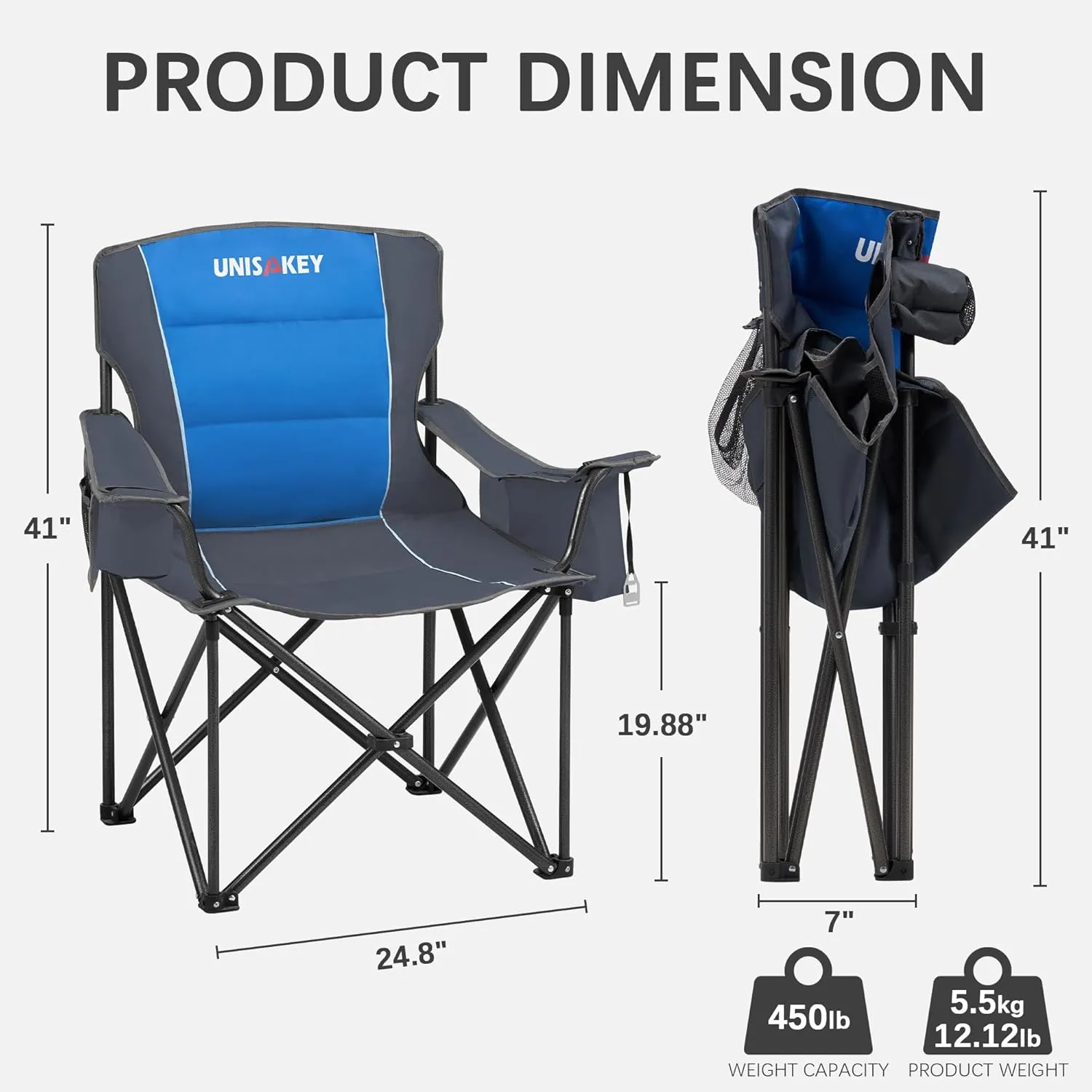Oversized Folding Camping Chair with Cooler Bag & Cup Holder - 450lbs Capacity, 600D Oxford Fabric, Portable Rocking Chair for Fishing, Camping, Beach, Garden, Blue