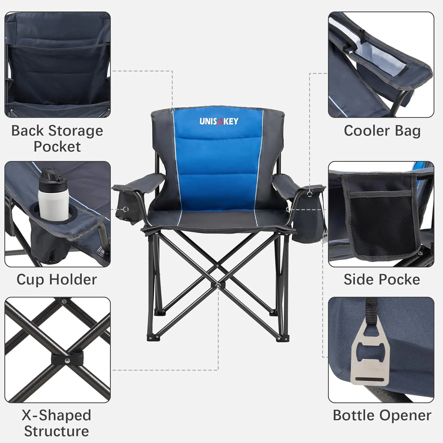 Oversized Folding Camping Chair with Cooler Bag & Cup Holder - 450lbs Capacity, 600D Oxford Fabric, Portable Rocking Chair for Fishing, Camping, Beach, Garden, Blue