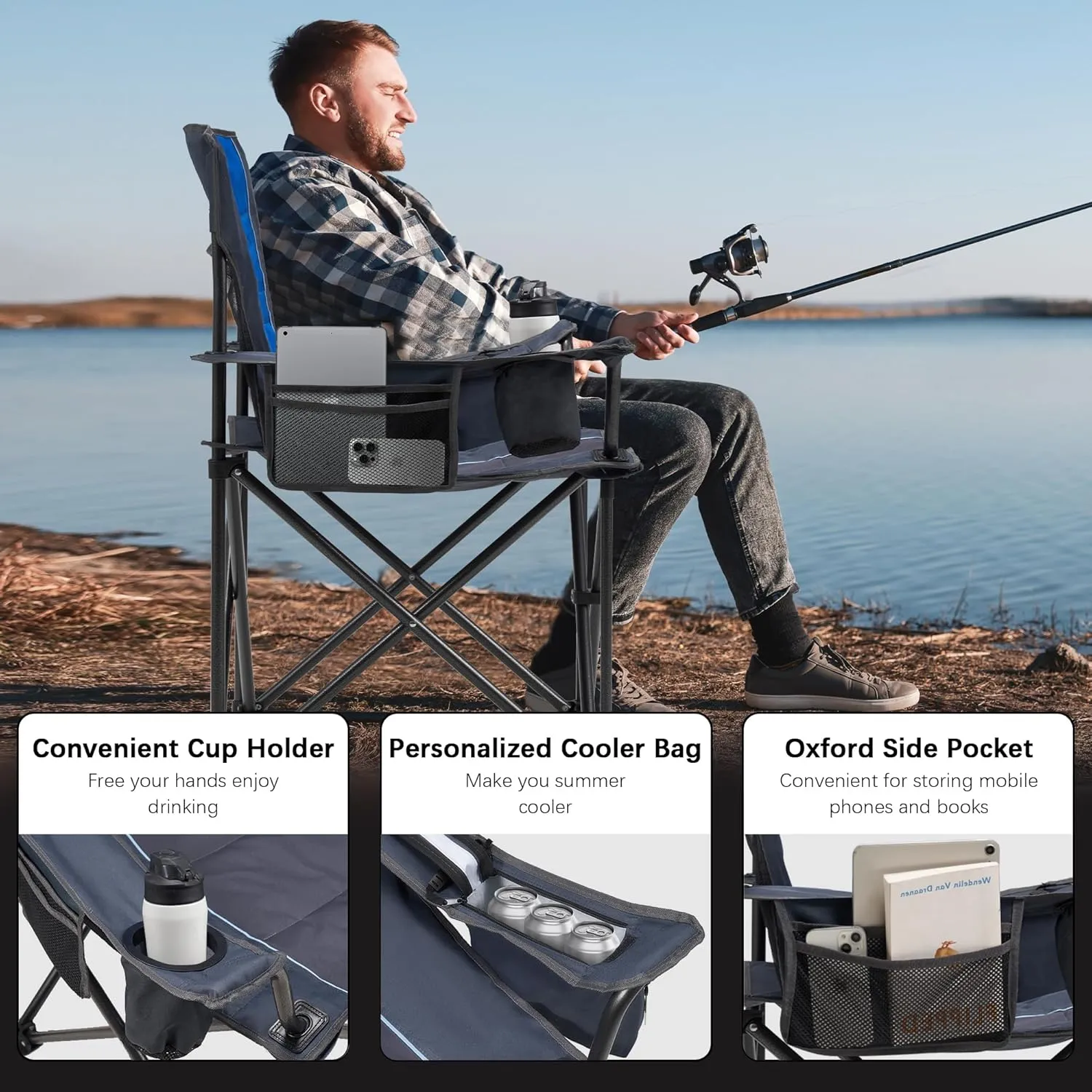 Oversized Folding Camping Chair with Cooler Bag & Cup Holder - 450lbs Capacity, 600D Oxford Fabric, Portable Rocking Chair for Fishing, Camping, Beach, Garden, Blue