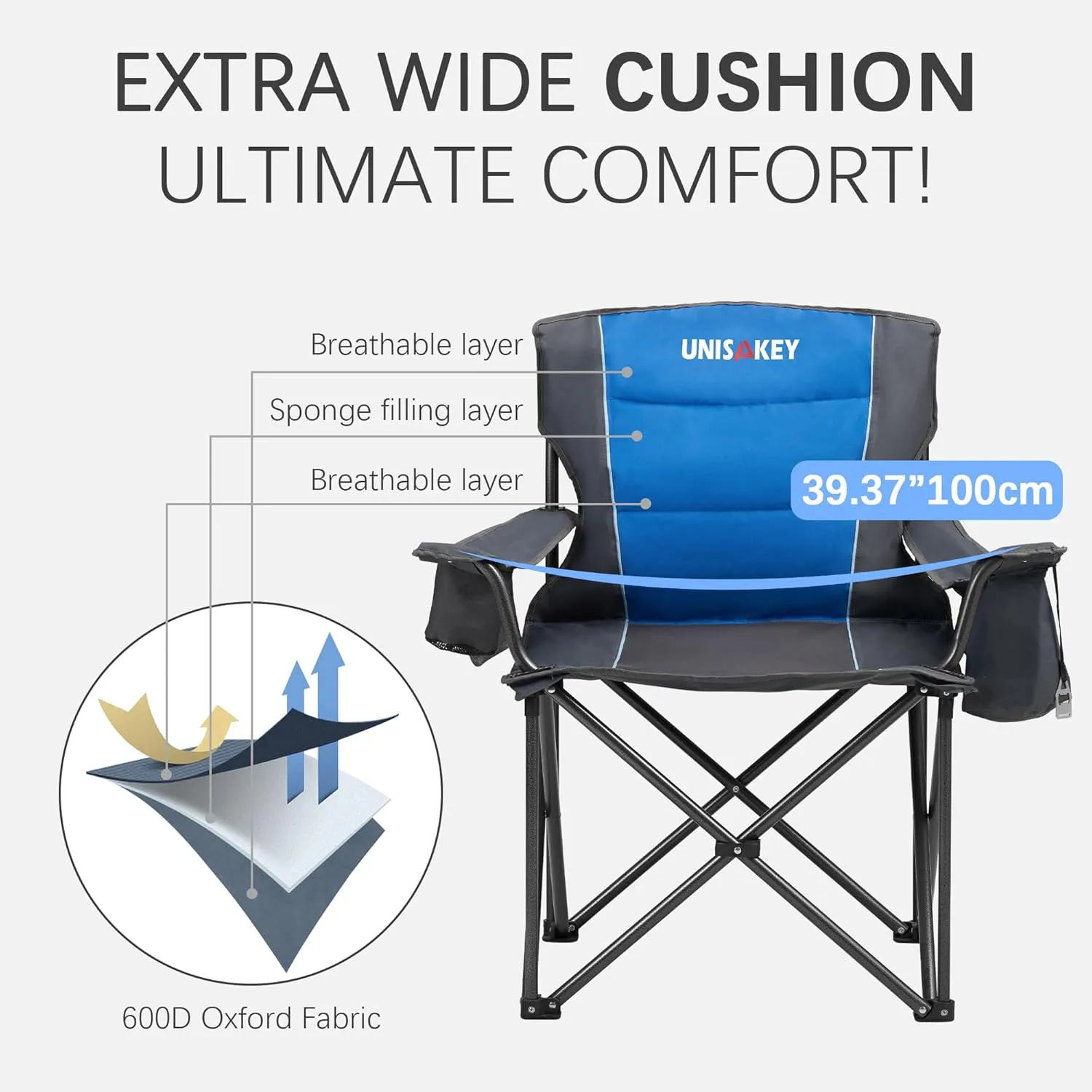 Oversized Folding Camping Chair with Cooler Bag & Cup Holder - 450lbs Capacity, 600D Oxford Fabric, Portable Rocking Chair for Fishing, Camping, Beach, Garden, Blue
