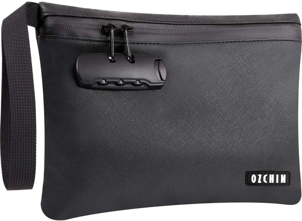 OZCHIN Smell Proof Bag with Combination Lock 10'' X 7'' Locking Bag PU Leather Waterproof Lockable Case Great Gifts Ideal