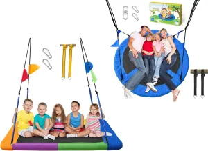 PACEARTH Ultimate Dual Swing Bundle: 60" Splash-Proof Saucer   Rectangular Swing Set for Kids & Adults | Heavy Duty 900LBS Each | UV Resistant Oxford Fabric, Foam Ropes, 360° Swivel & Tree Straps | Ea