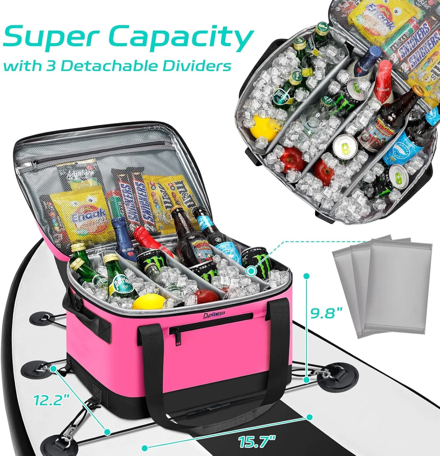Paddle Board Cooler Waterproof, Super Capacity SUP Paddleboard Deck Cooler with Shoulder Strap & 6 Elastic Rope Clips, Paddle Board Accessories Bag for Stand Up Paddleboard and Kayak