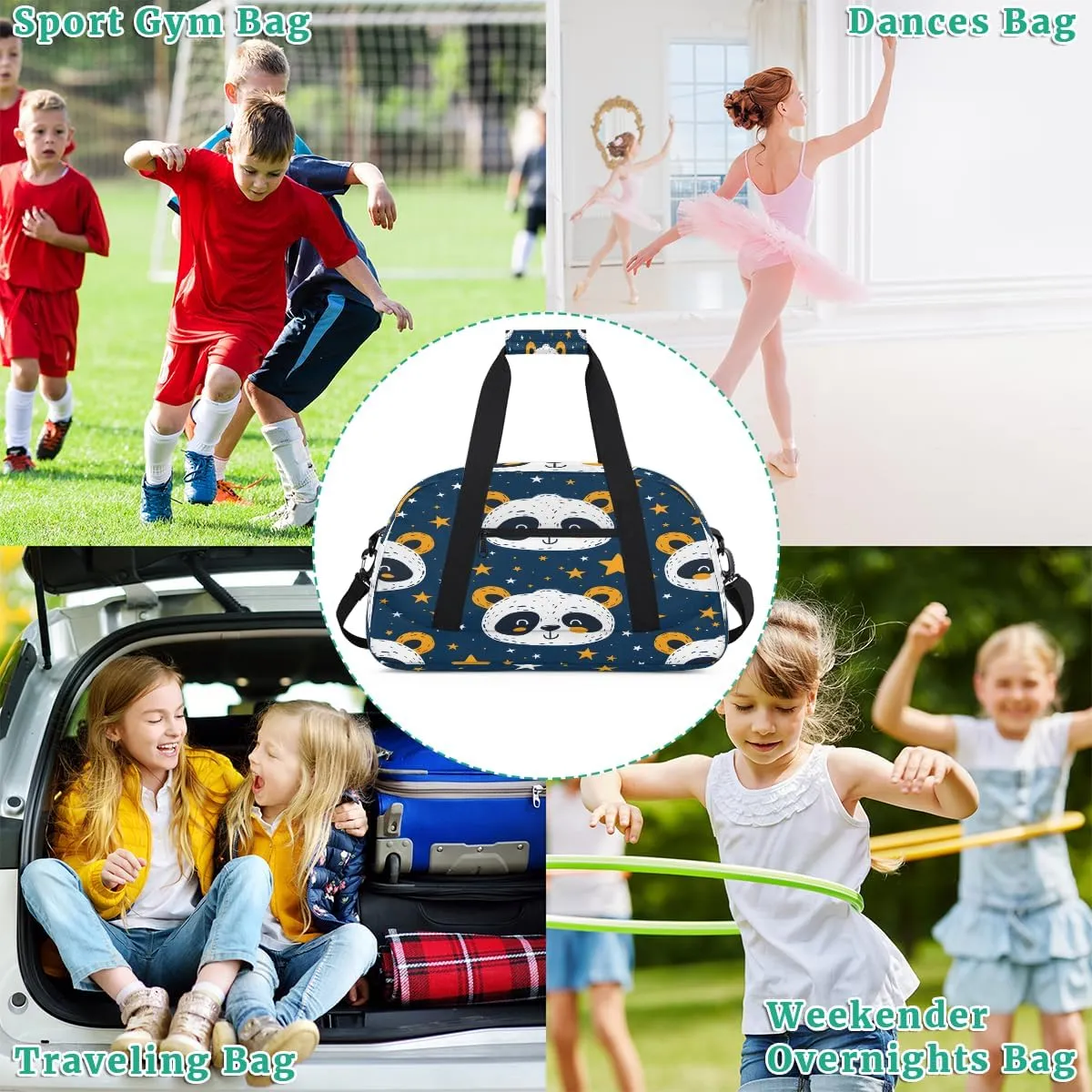 Panda Stars Kids Overnighter Duffel Bags for Boys, Carry-On Size Sports Gym Bag with Front Zipper Pocket for School Practice or Overnight Travel Weekender Sleepover Tote Bag