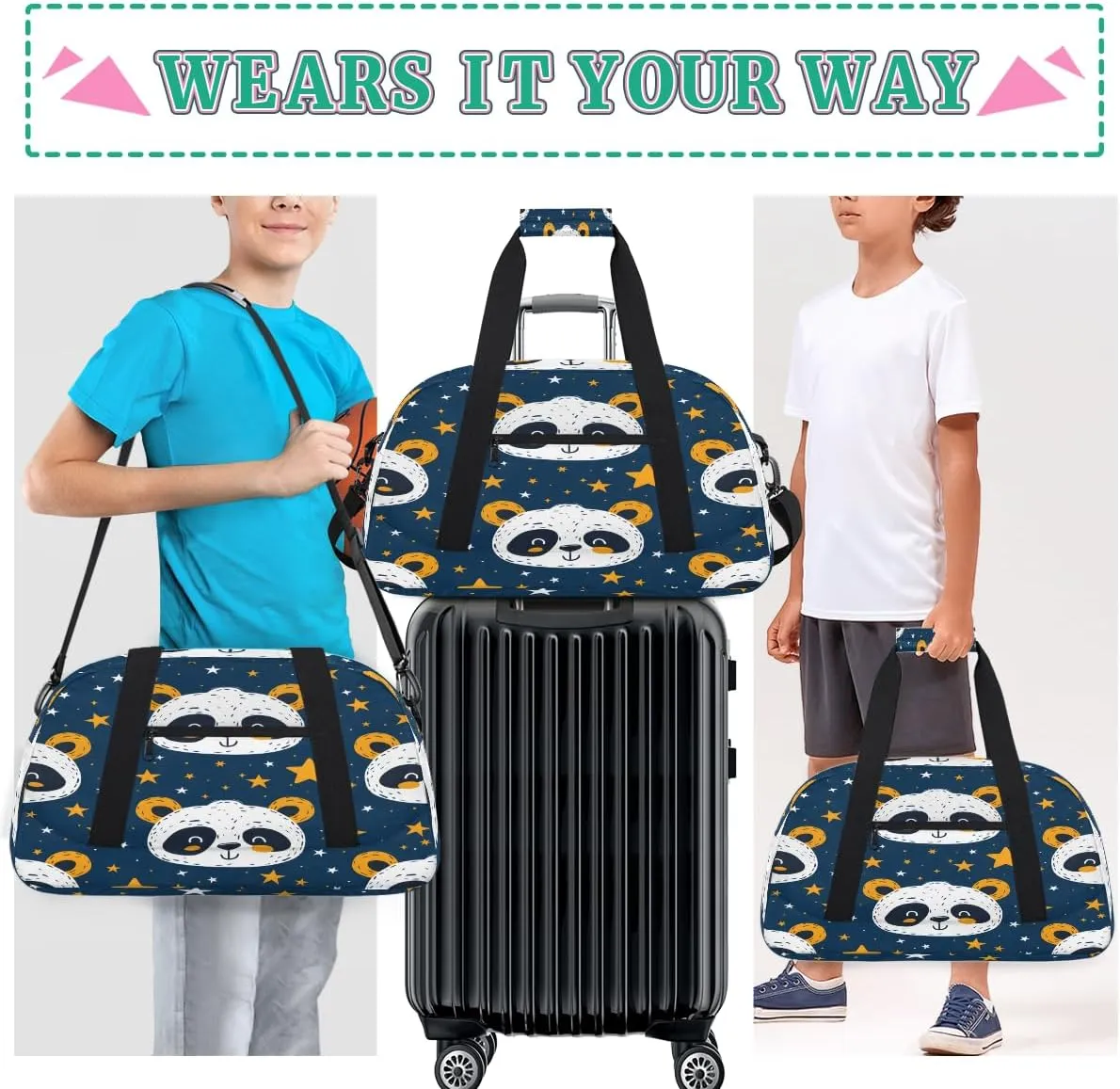 Panda Stars Kids Overnighter Duffel Bags for Boys, Carry-On Size Sports Gym Bag with Front Zipper Pocket for School Practice or Overnight Travel Weekender Sleepover Tote Bag