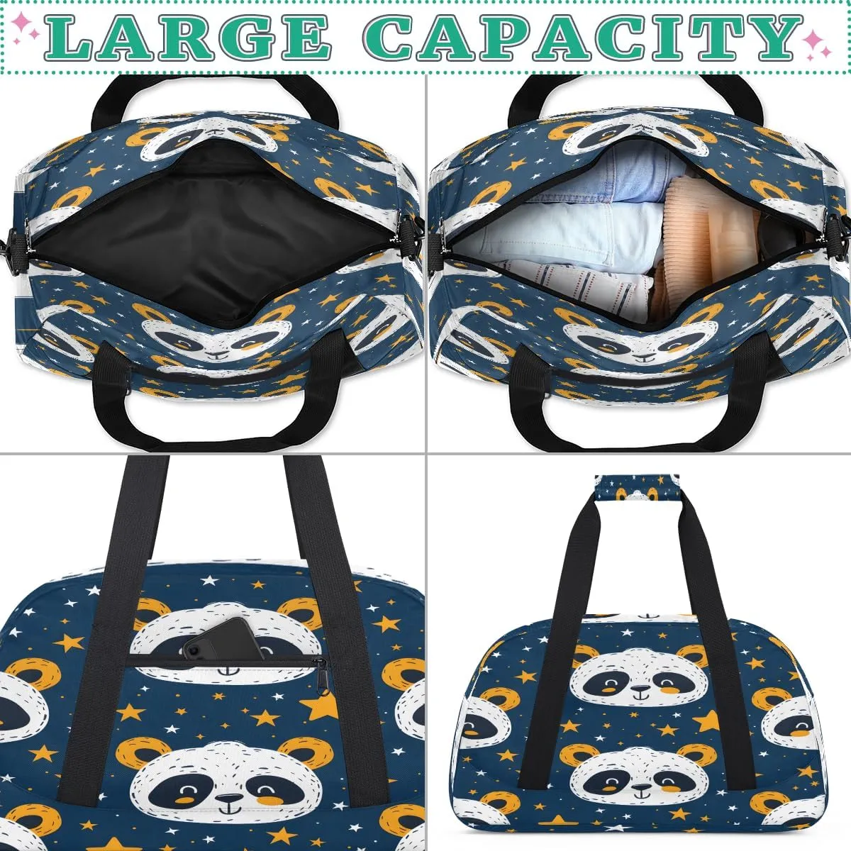 Panda Stars Kids Overnighter Duffel Bags for Boys, Carry-On Size Sports Gym Bag with Front Zipper Pocket for School Practice or Overnight Travel Weekender Sleepover Tote Bag