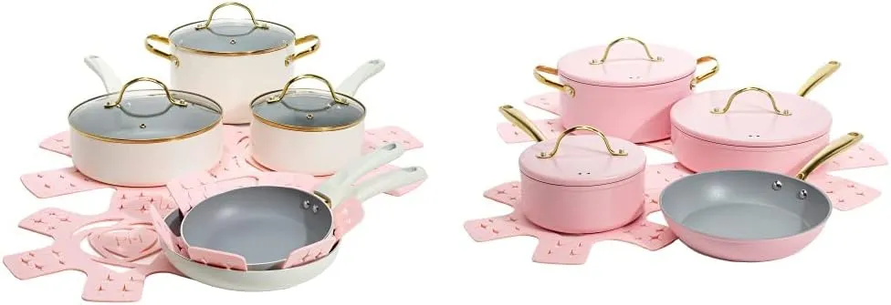 Paris Hilton 12-Piece Pink Nonstick Pots and Pans Set, Multi-layer Nonstick Coating, Tempered Glass Lids, Soft Touch, Stay Cool Handles, Made without PFOA, Dishwasher Safe Cookware Set
