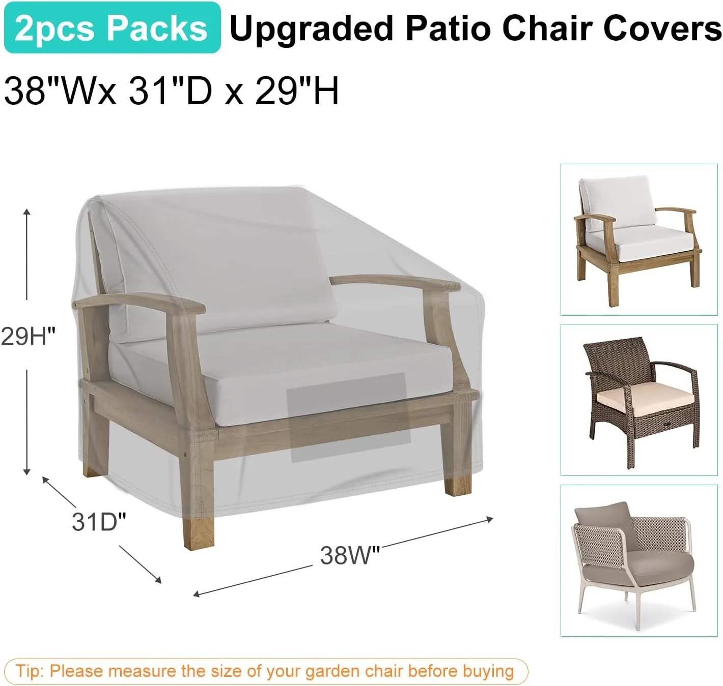 Patio Chair Covers for Outdoor Furniture - Waterproof 2 Pack, Heavy Duty, Large Covers for Lounge Lawn Deep Seat (38" W x 31" D x 29" H) - Gray