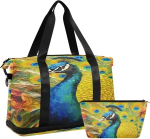 Peacock Oil Painter（2） Sports Gym Bag with Waterproof Dry Wet Pocket, Travel Duffel Bag for Women Men，Workout Bag Fits Yoga, Swimming