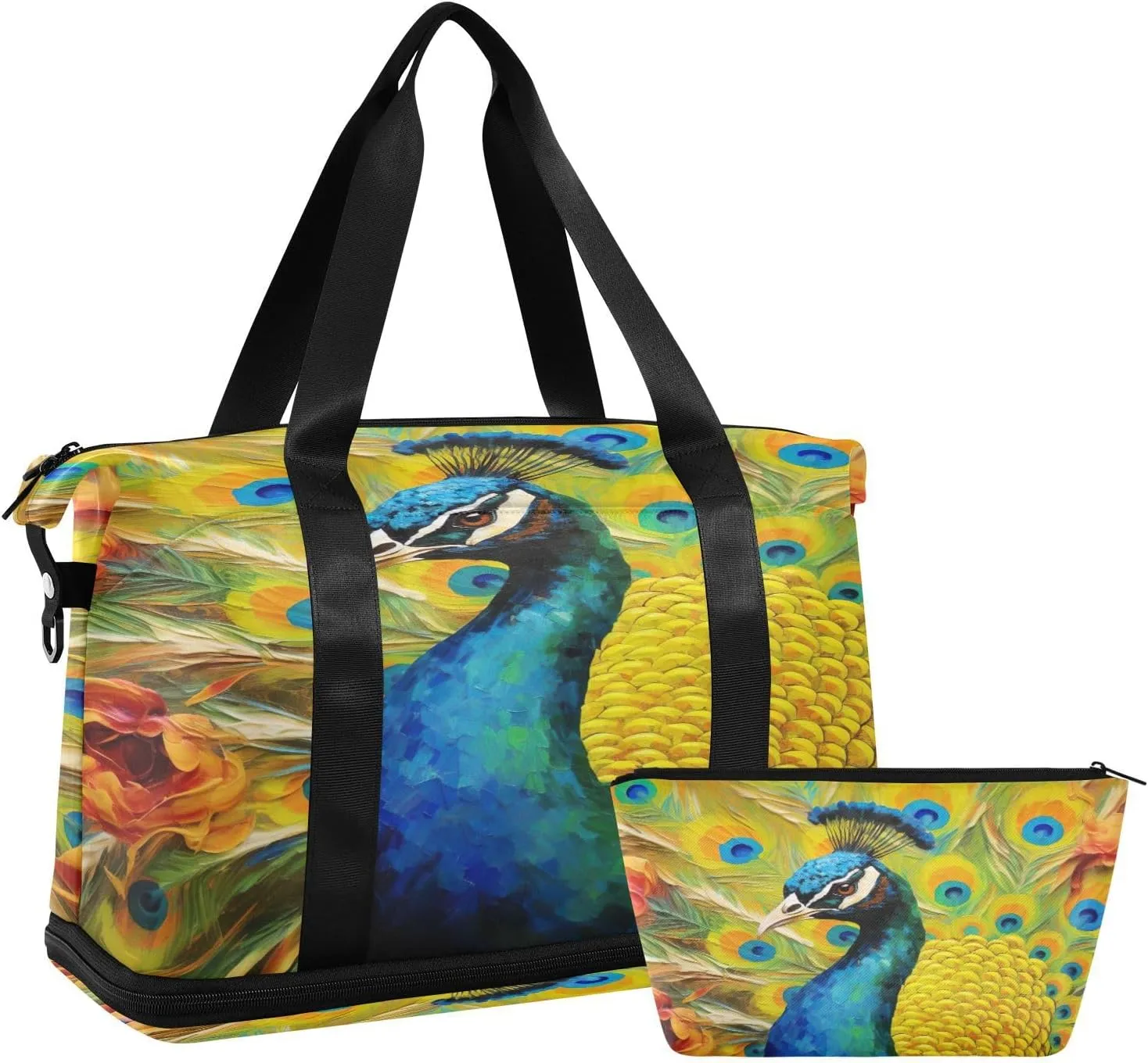 Peacock Oil Painter（2） Sports Gym Bag with Waterproof Dry Wet Pocket, Travel Duffel Bag for Women Men，Workout Bag Fits Yoga, Swimming