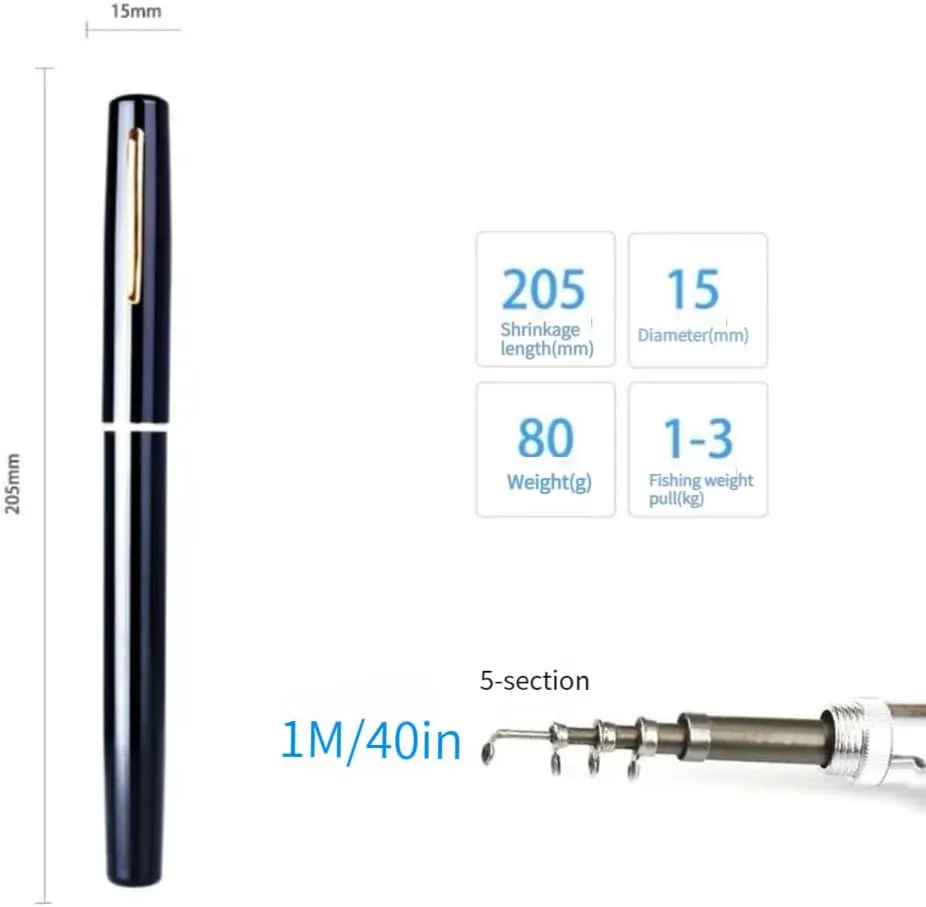 Pen Fishing Rod Reel Combo Set 5in1 Mini Pocket Portable Collapsible Fishing Pole Kit with Spinning Reel Aluminum Alloy
