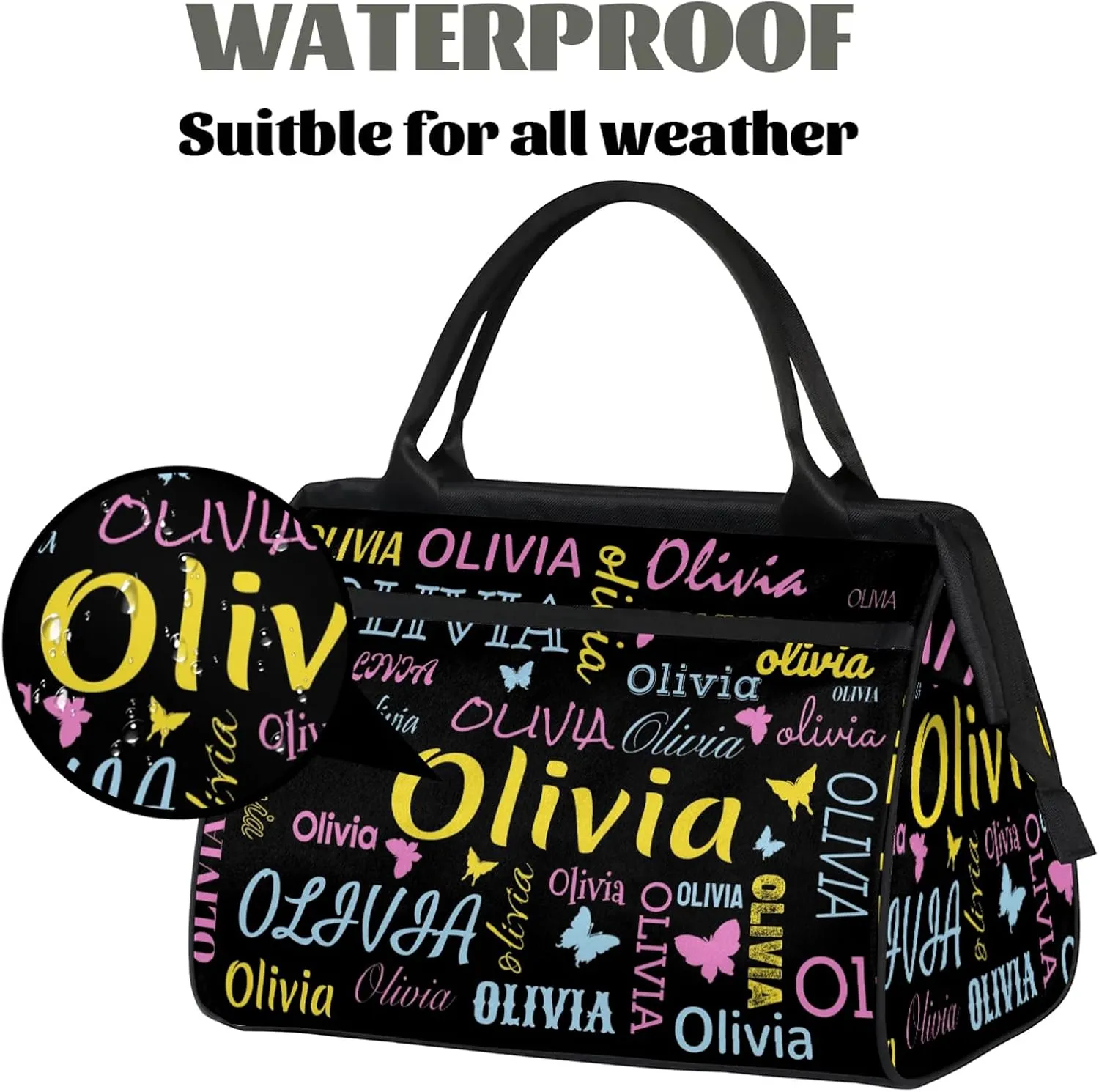 Personalized Butterfly Duffel Bag with Name Custom Travel Sports Bag for Women Men Waterproof Dance Ballet Bag Lightweight 15.2in, Black