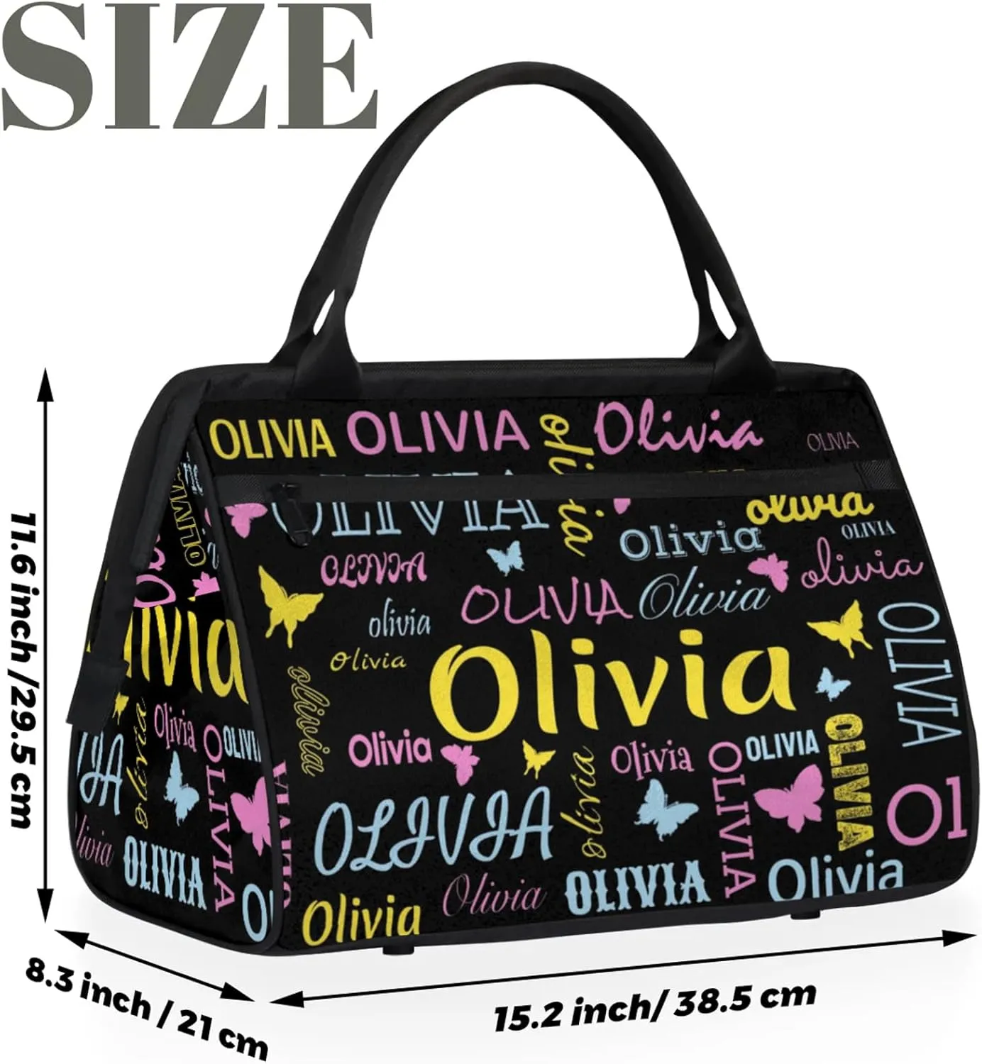 Personalized Butterfly Duffel Bag with Name Custom Travel Sports Bag for Women Men Waterproof Dance Ballet Bag Lightweight 15.2in, Black