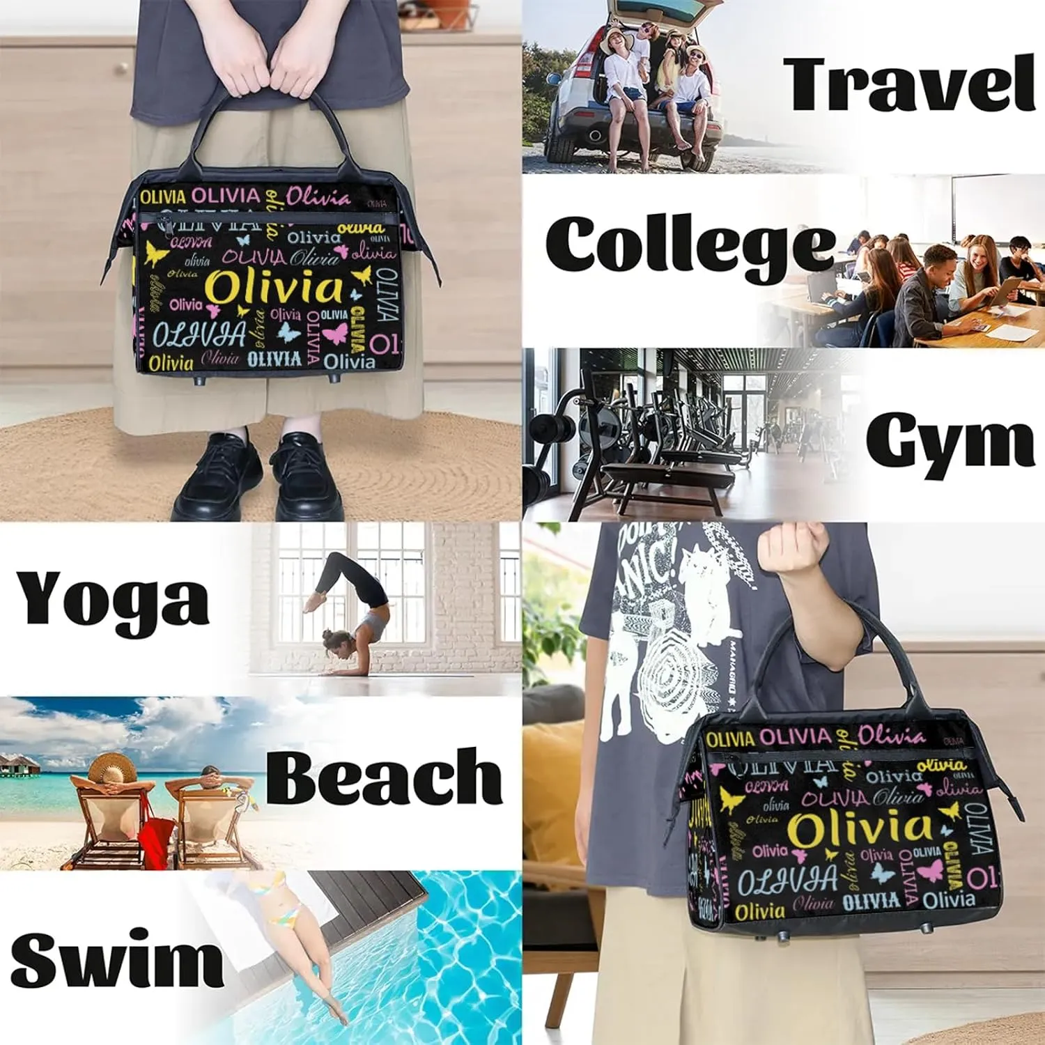 Personalized Butterfly Duffel Bag with Name Custom Travel Sports Bag for Women Men Waterproof Dance Ballet Bag Lightweight 15.2in, Black