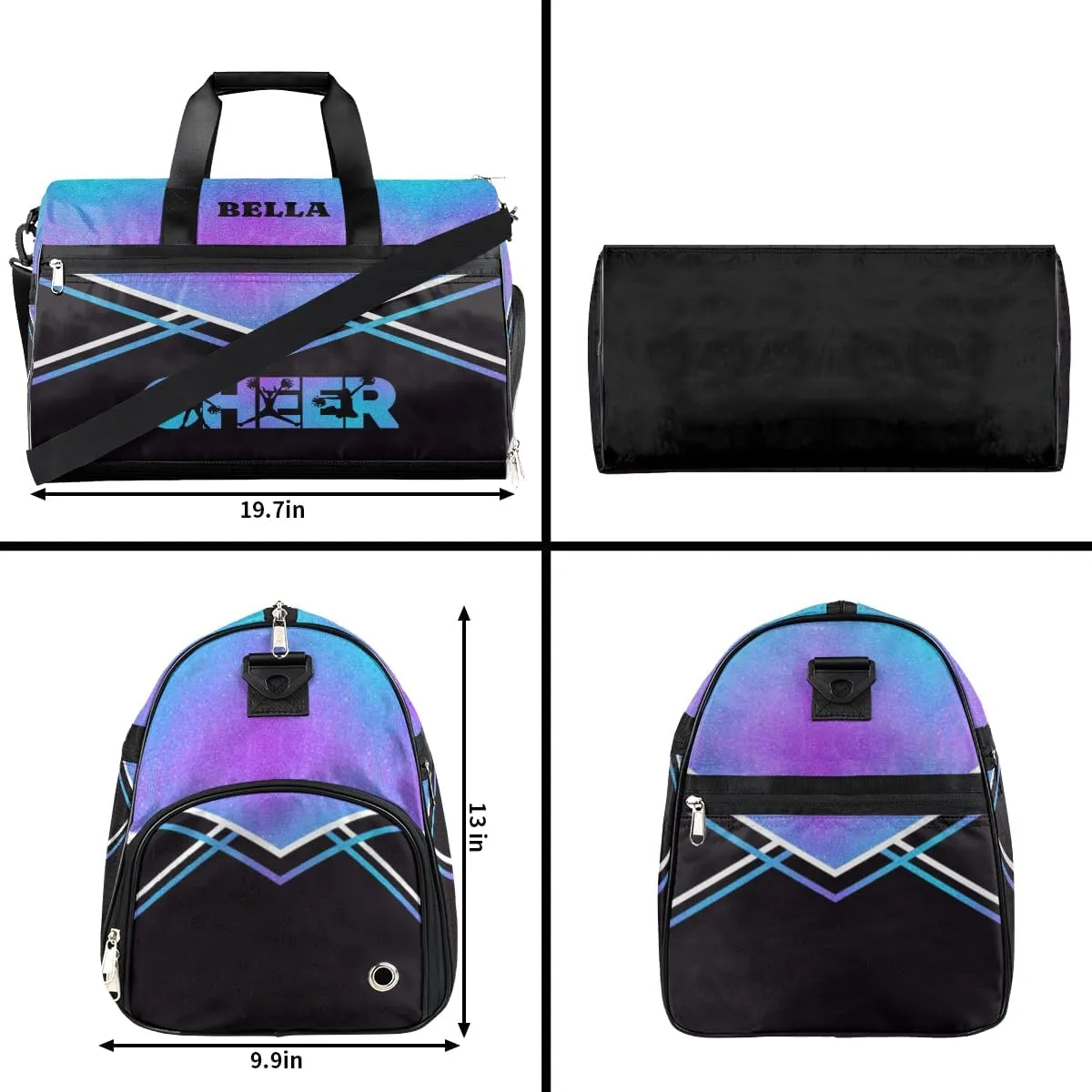 Personalized Cheerleader Bag Dance Bag for Girl Woman, Custom Gym Bag Sport Duffel Bag with Shoes Compartment Purple Blue Glitter